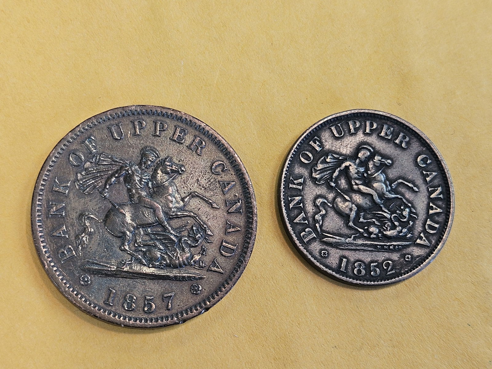1852 and 1857 Upper Canada copper coins: 1/2 penny and penny 