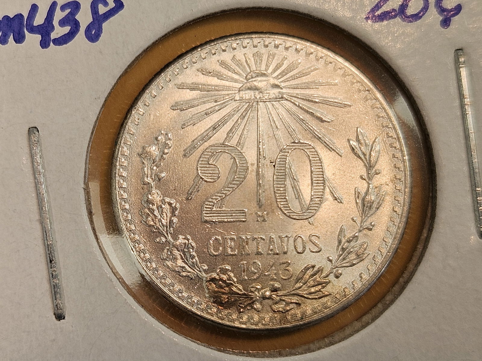 GEM Brilliant Uncirculated 1943 Mexico silver 20 cents: KM 438 