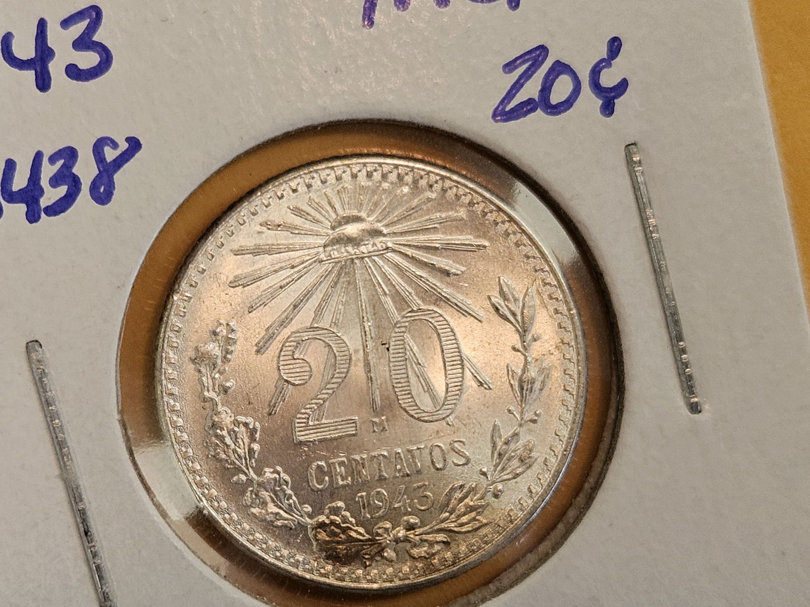 GEM Brilliant Uncirculated 1943 Mexico silver 20 cents - 4