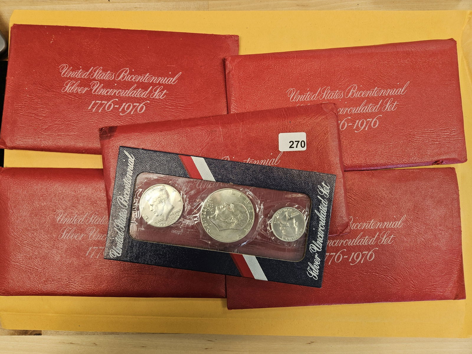 Five GEM Brilliant Uncirculated silver Bicentennial 3-Coin SILVER Coin sets: RED IKE 3-coin silver sets. In OGP. Some with original cardboard inserts 