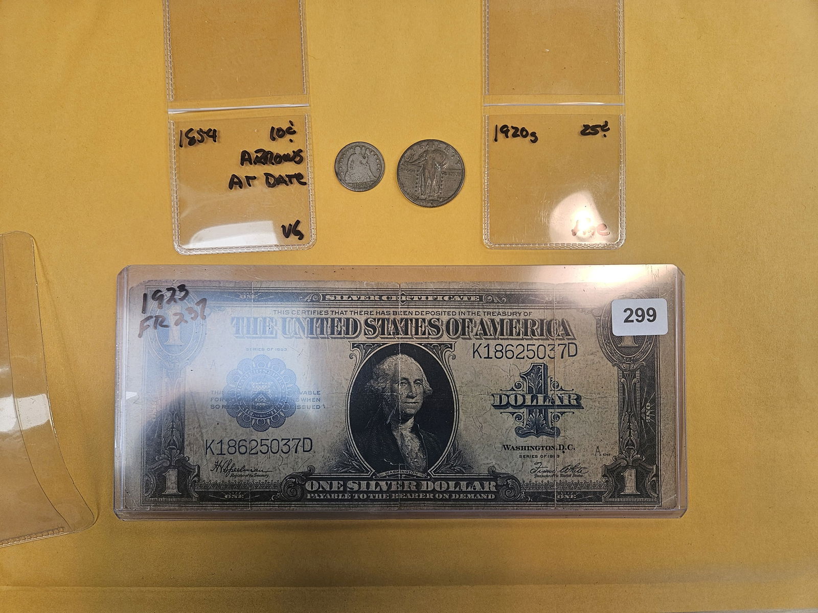 Lil 3-piece US coinage and Currency mixed lot: 1854 Seated silver dime in Very Good, 1920-S Standing Liberty Quarter in fine and 1923 Large size $1 silver certificate 