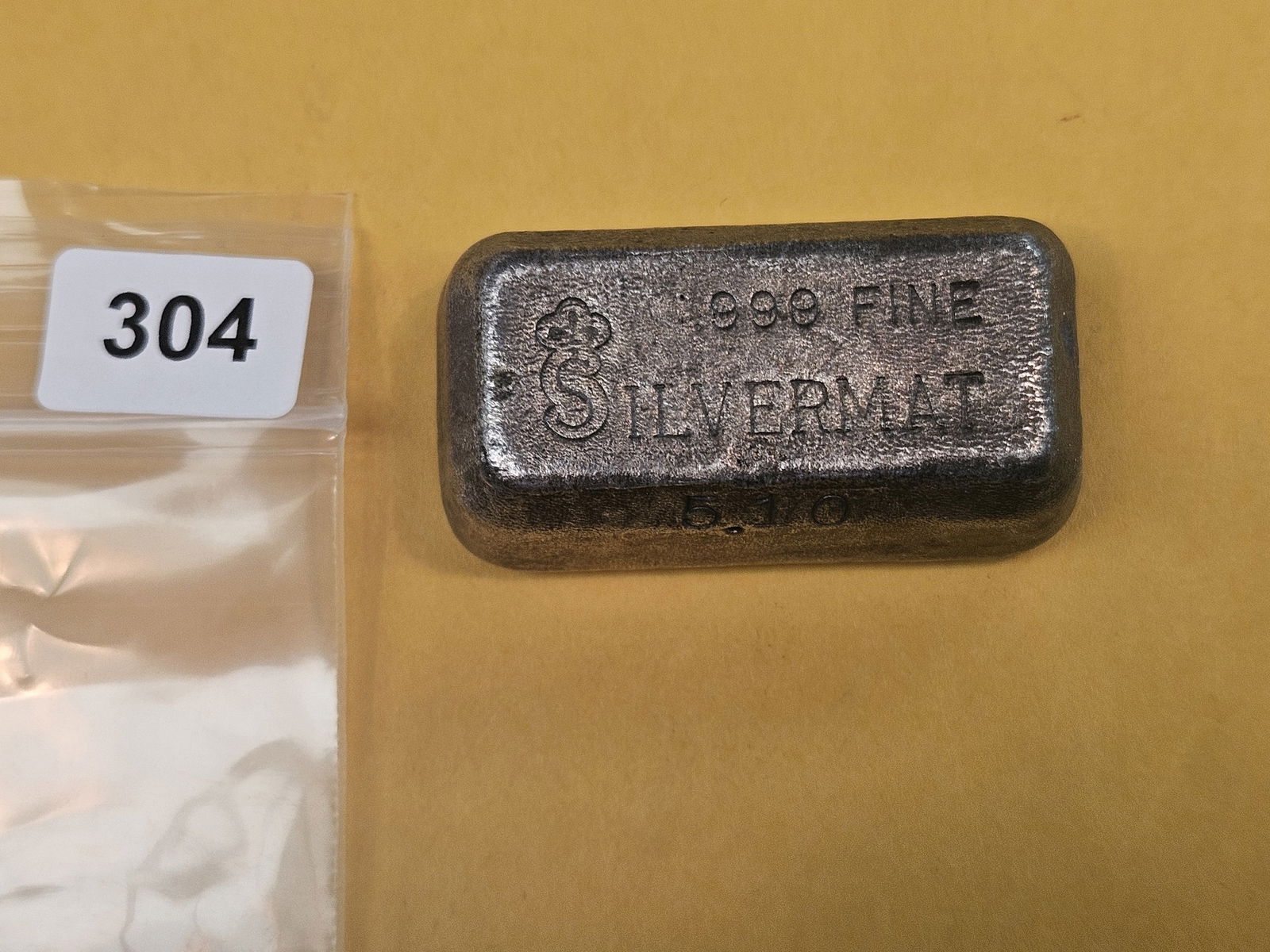 * Scarce * SILVERMAT .999 fine silver 5.1 Troy ounce bar: From what I'm told by the dealer, Silvermat was a St Louis-based silver bar producer and their products, like Engelhart, are highly sought after. This baby weighs 5.1 Troy ounces 