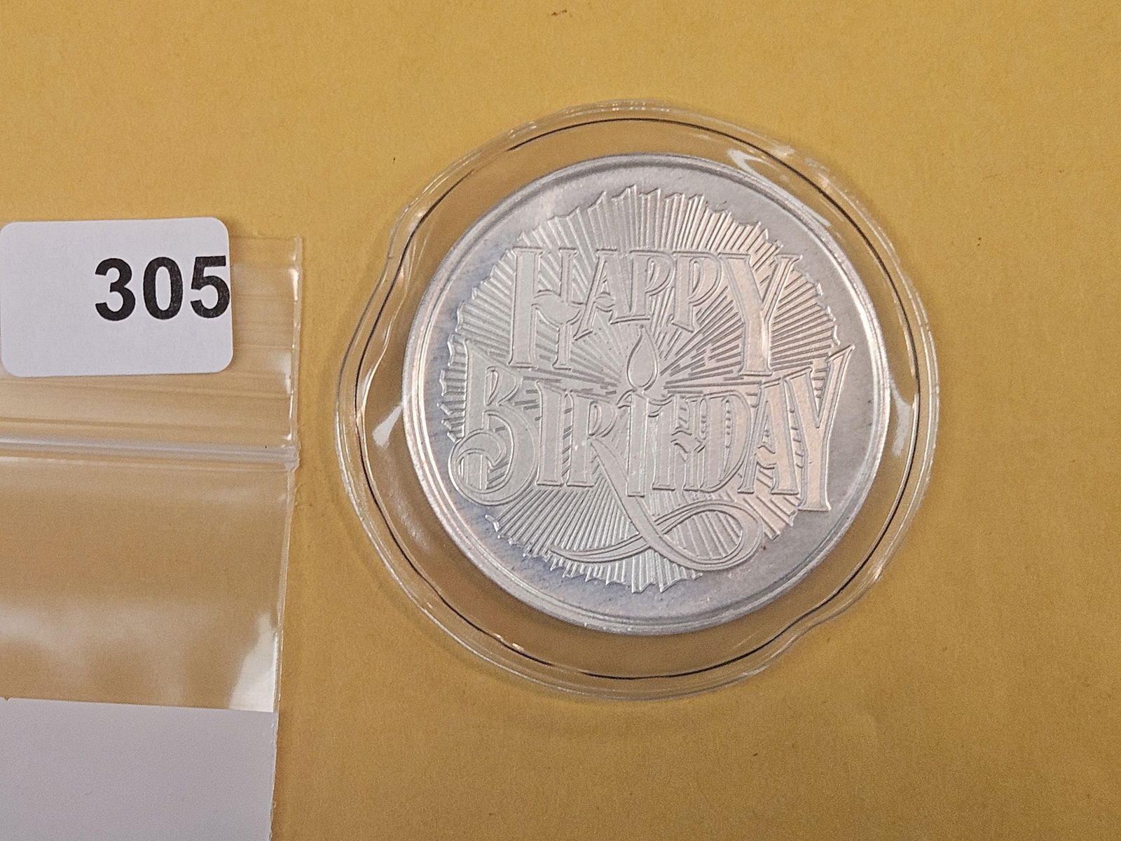 One Troy ounce .999 fine silver art round: Happy Birthday 