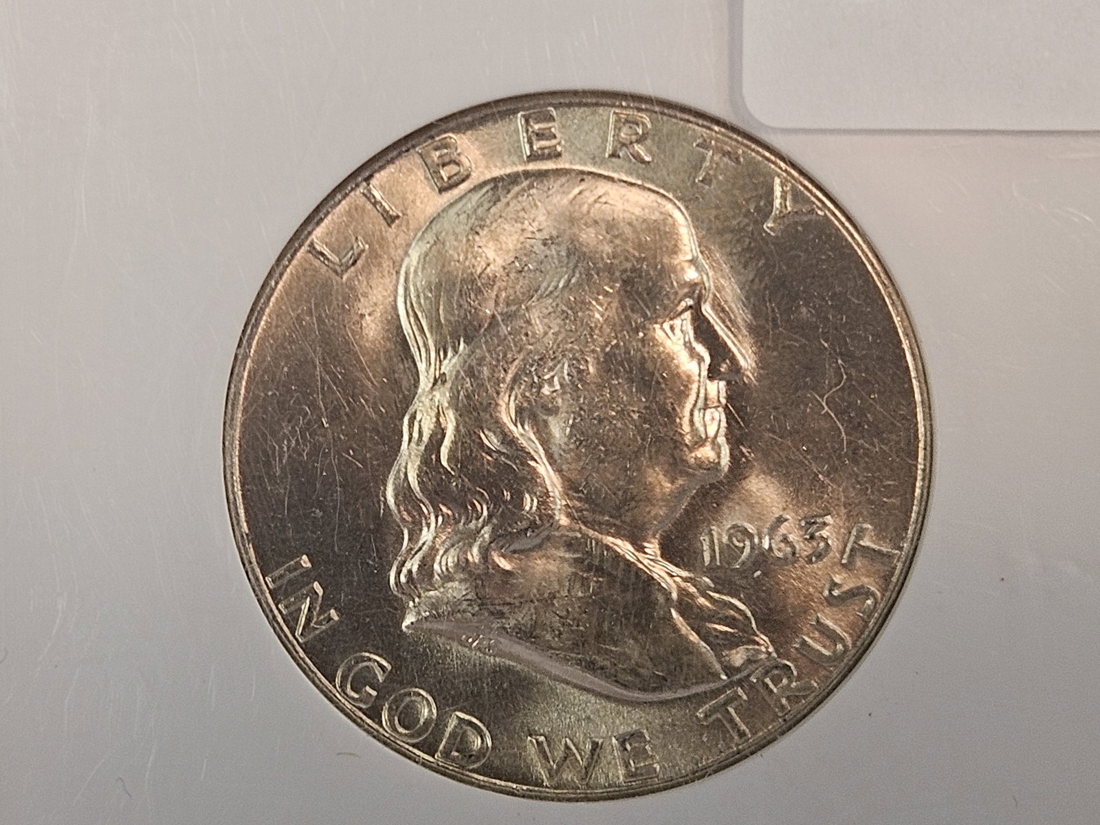 NGC 1963-D Franklin silver Half Dollar in Mint State 64: Purt near GEM! 