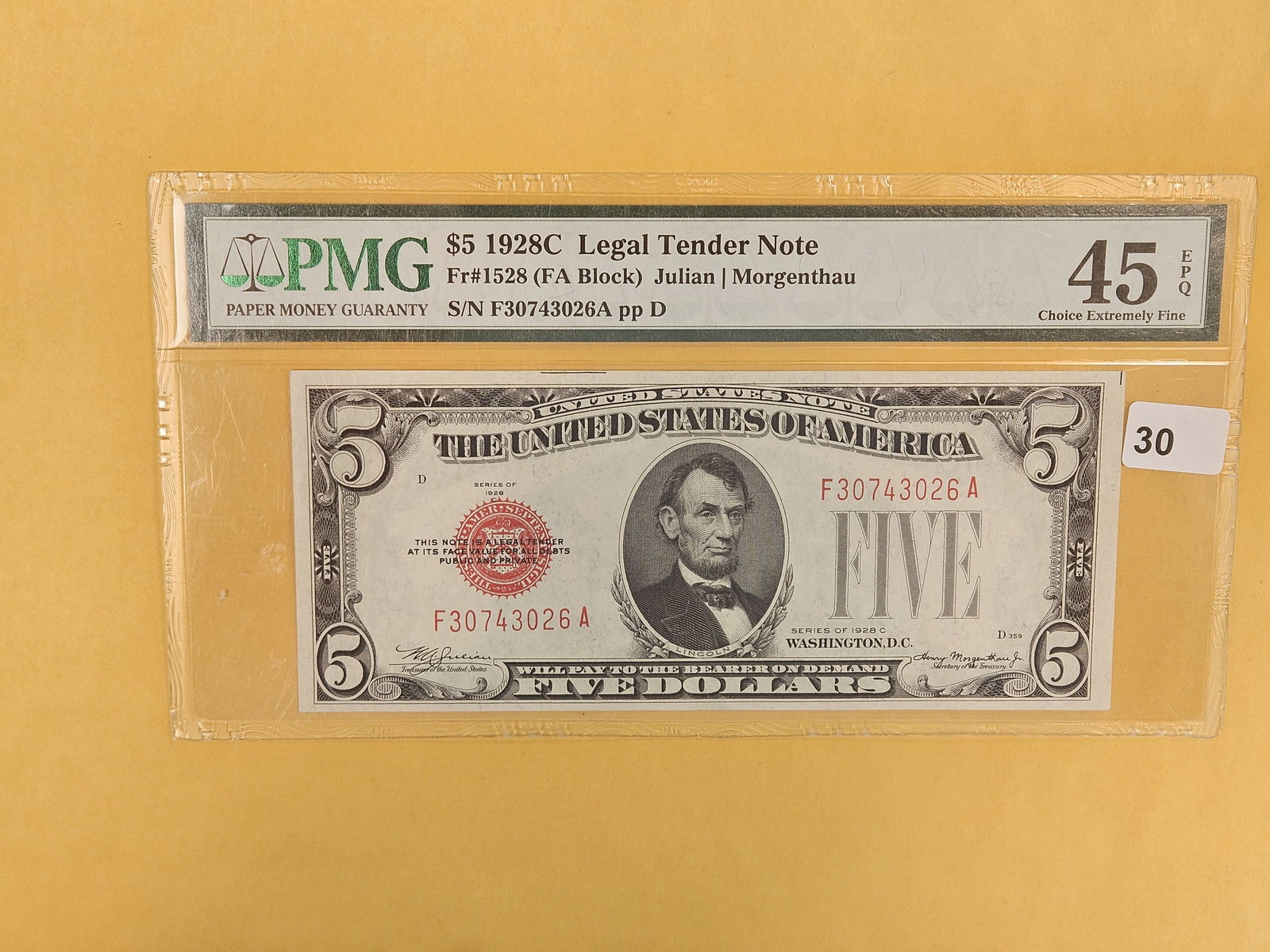 PMG 1928-C Five Dollar Legal Tender Note in Choice Extremely Fine - 45 EPQ: Exceptional Paper Quality. FR # 1528. 