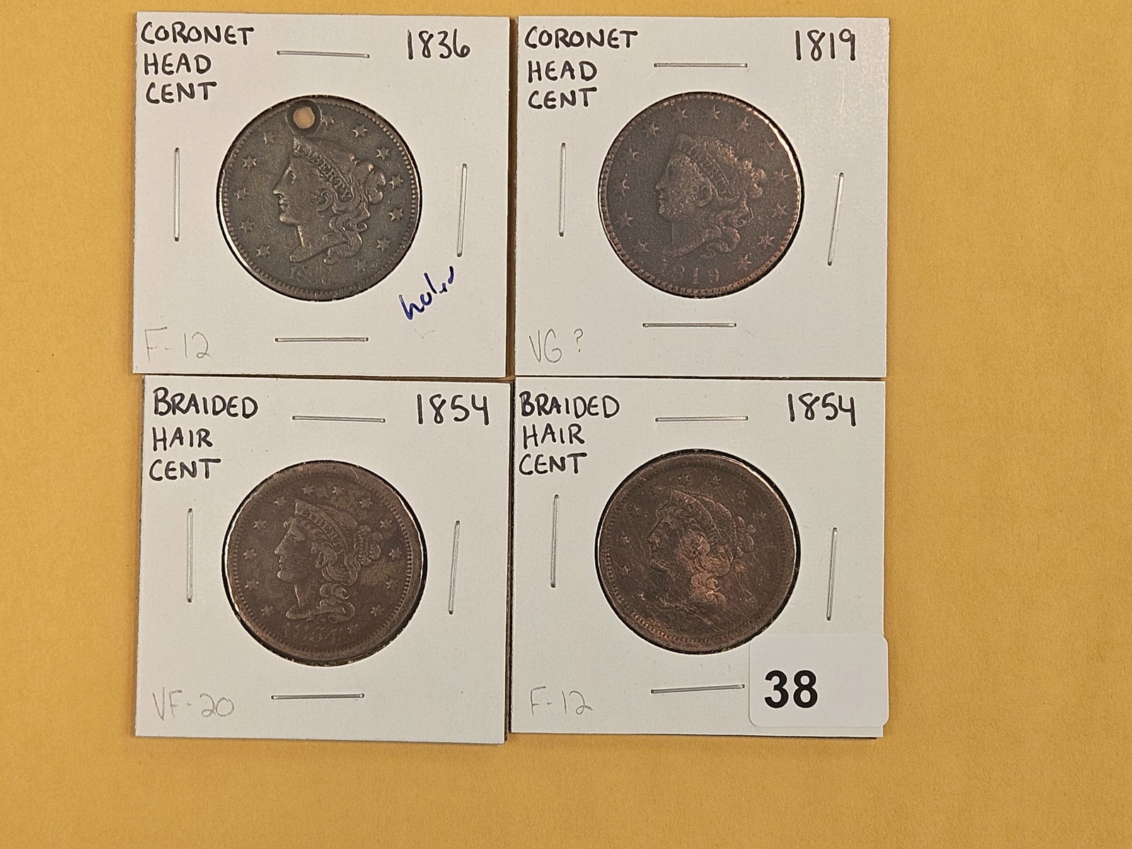 Four more mixed Large Cents: Coronet and Braided. Circulated 