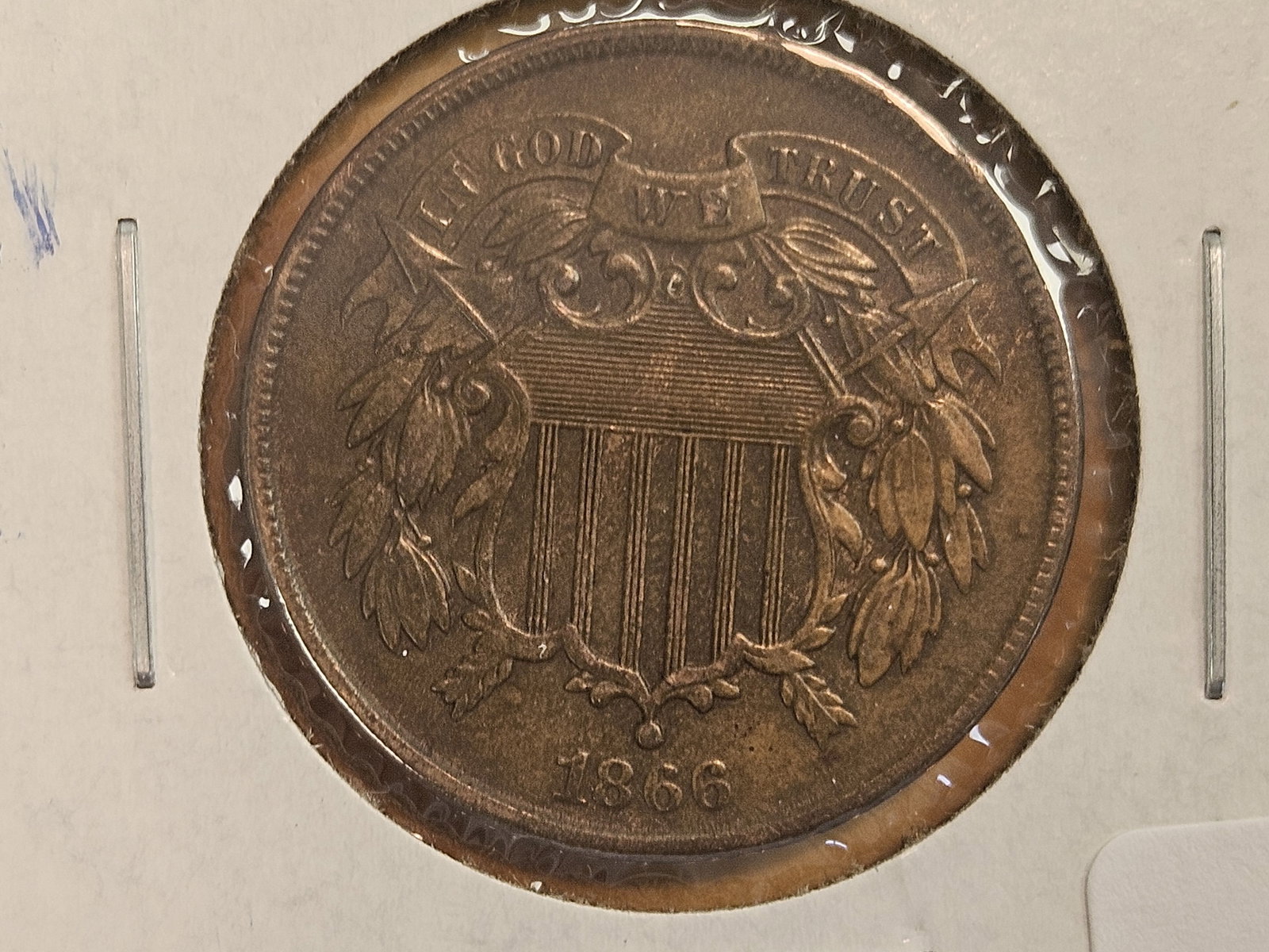 * 1866 Two Cent Piece in Choice About Uncirculated plus: Very nice. No obvious circulation marks. Potentially AU-58 