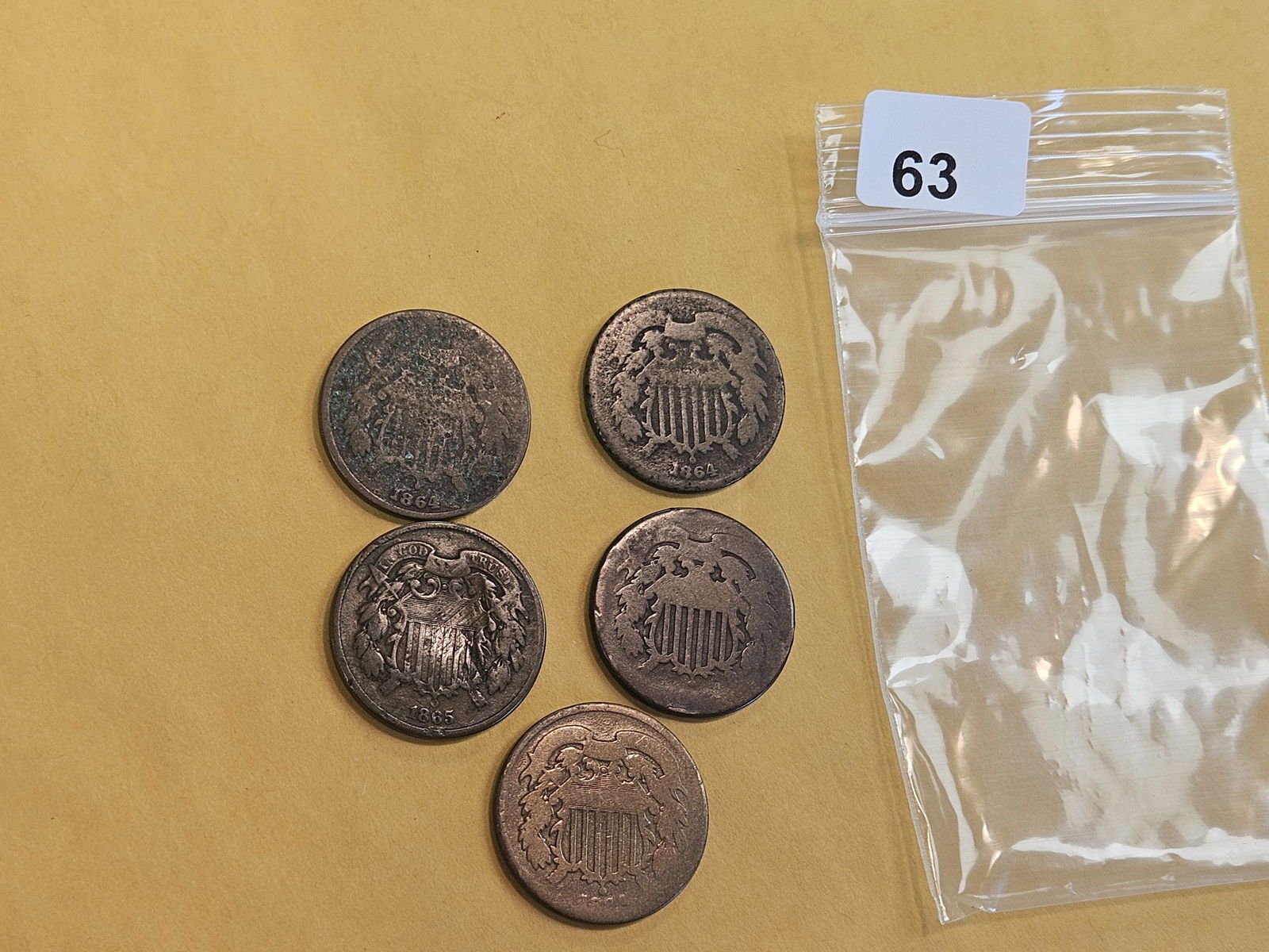 Five mixed Two-cent pieces: Circulated 