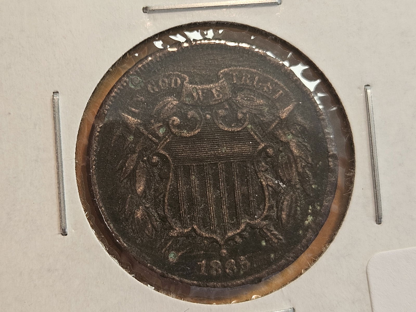 1865 Two Cent Piece in About Uncirculated plus - details: Corroded 