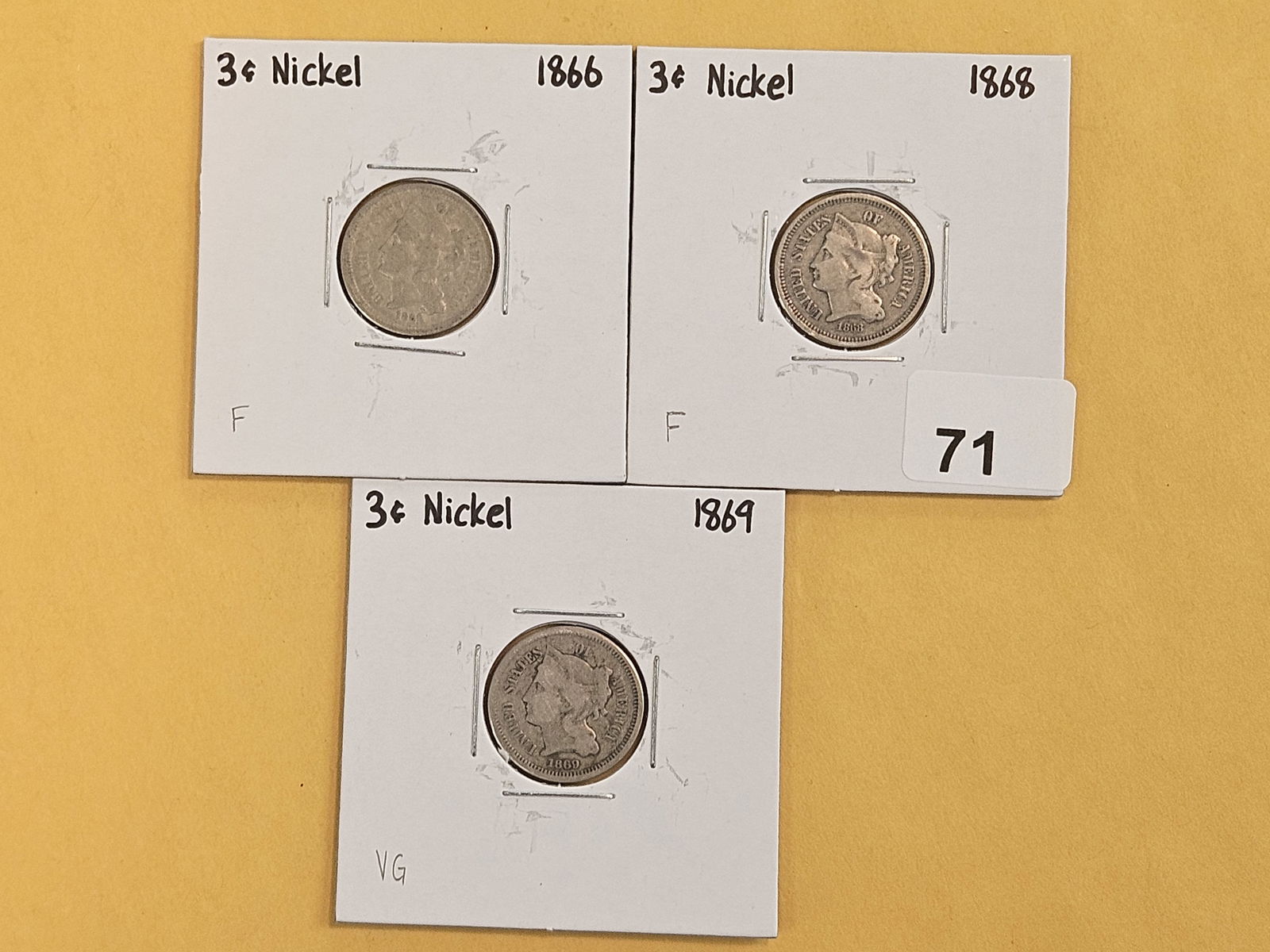 1866, 1868 and 1869 Three Cent Nickels: All moderately circulated 