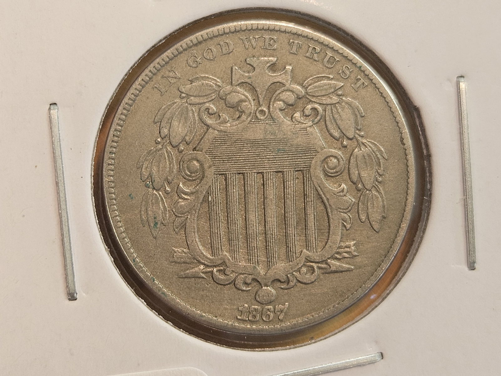 1867 No Rays Shield Nickel: In Very Fine plus 
