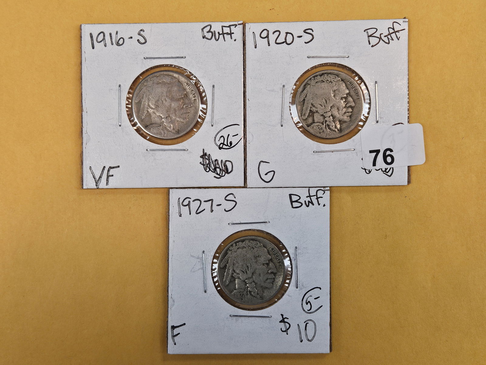 Three better date Buffalo Nickels: 1916-S, 1920-S and 1927-S 