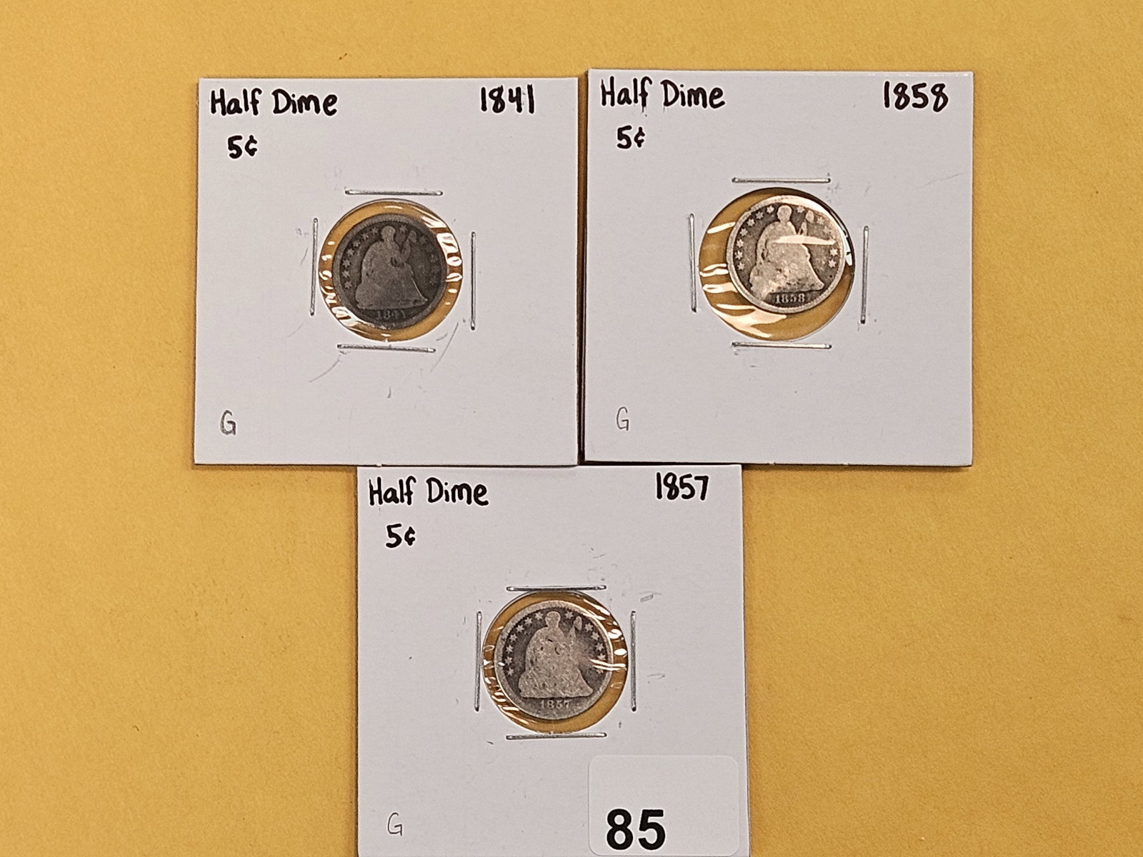 Three different Seated Liberty silver Half-Dimes: 1841, 1858 and 1857 