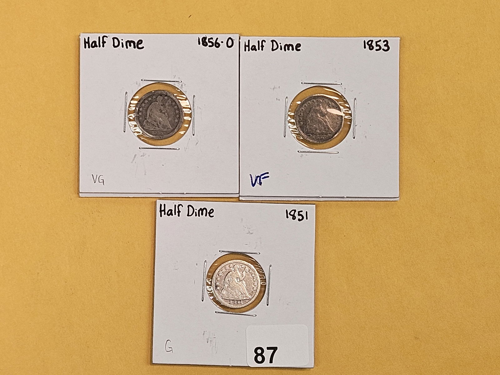 Three different Seated Liberty silver Half-Dimes: 1856-O, 1853 and 1851 