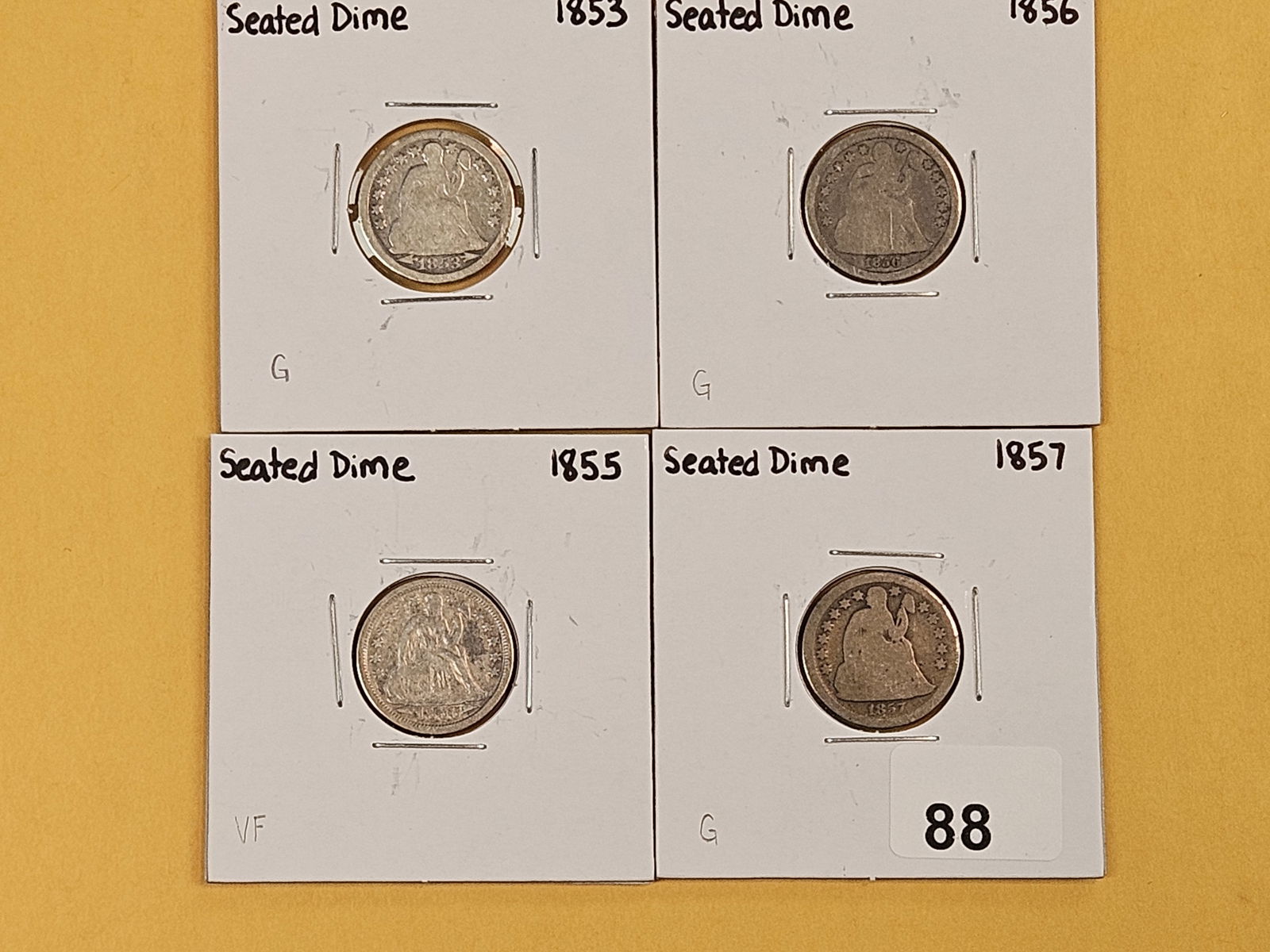 Four mixed silver Seated Liberty Dimes: 1853, 1856, 1855 and 1857 