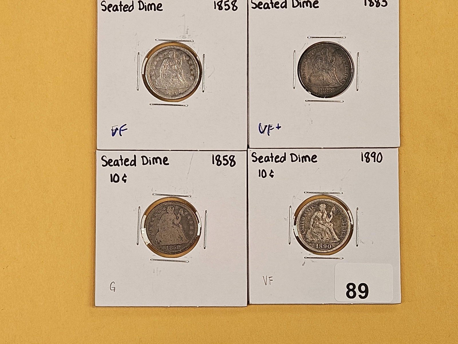 Four mixed silver Seated Liberty Dimes: 1858, 1883, 1858 and 1890