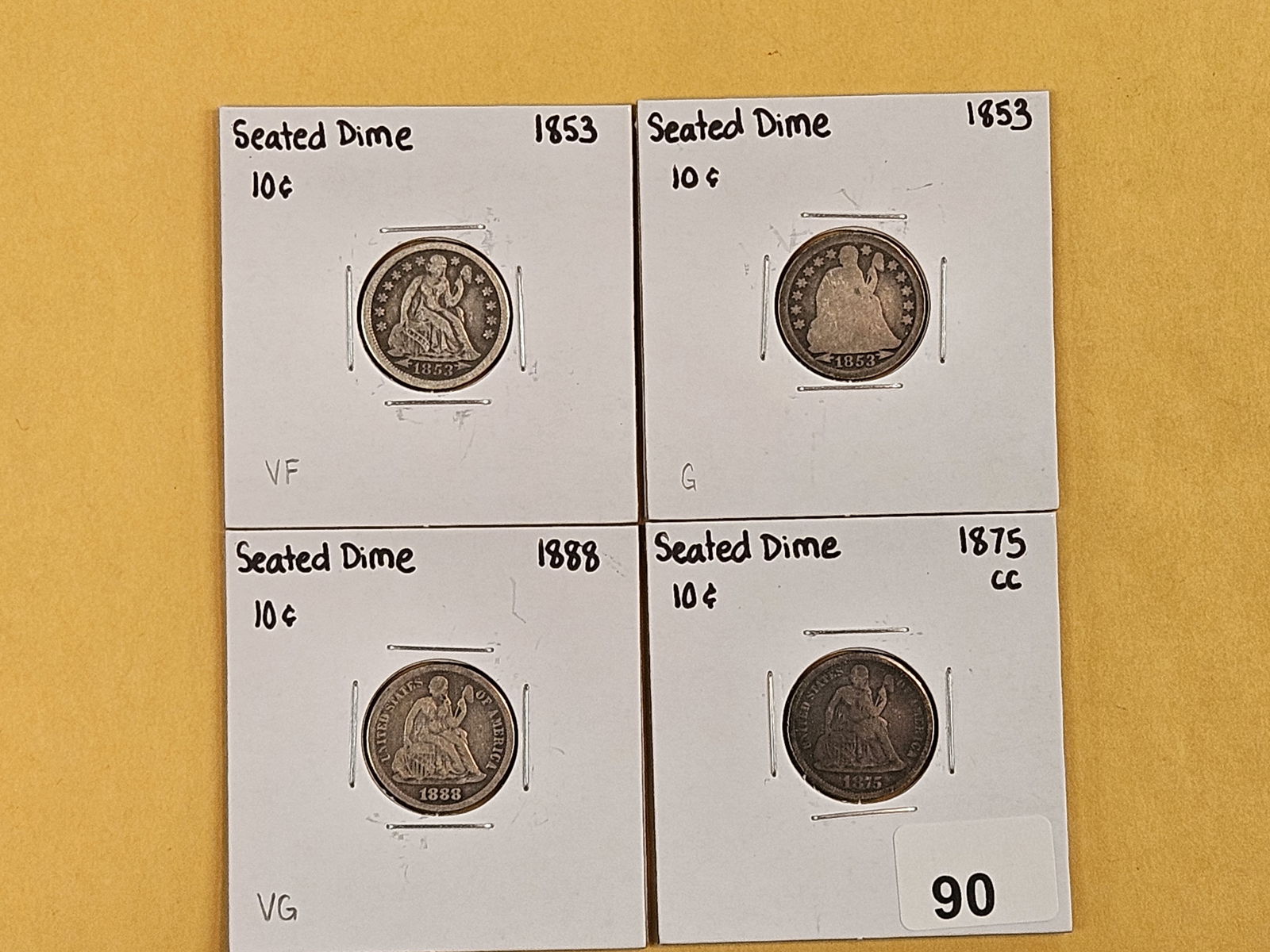 Four mixed silver Seated Liberty Dimes: 1853, 1853, 1888, and 1875-CC CARSON CITY! 