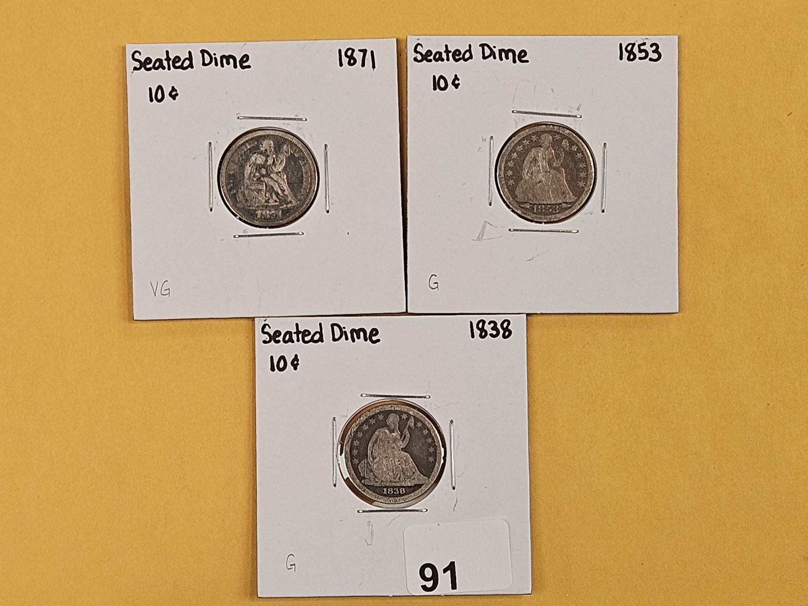 Three mixed silver Seated Liberty Dimes: 1871, 1853 and 1838
