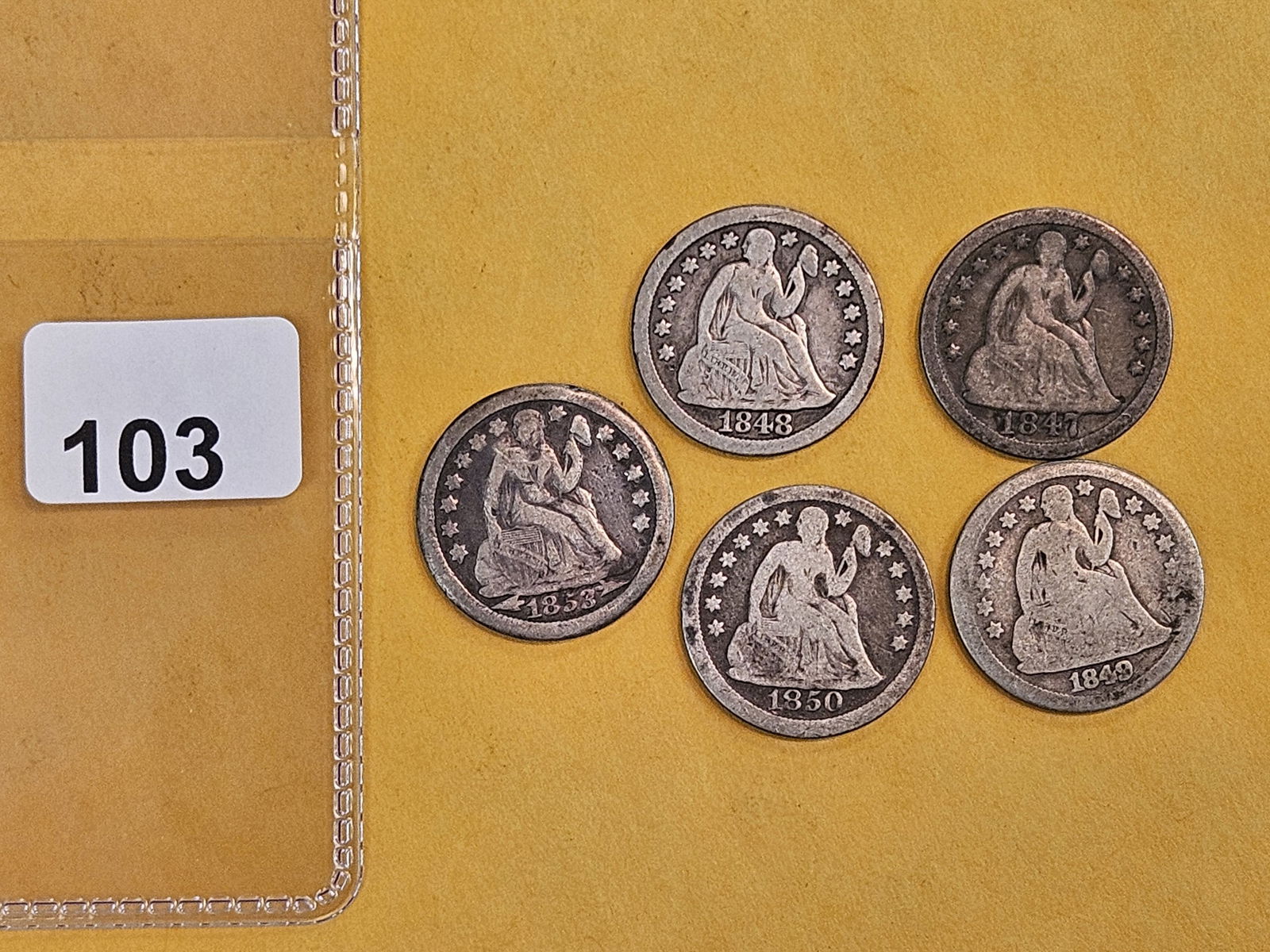 Five mixed, silver, Seated Liberty Dimes: Earlier dates 