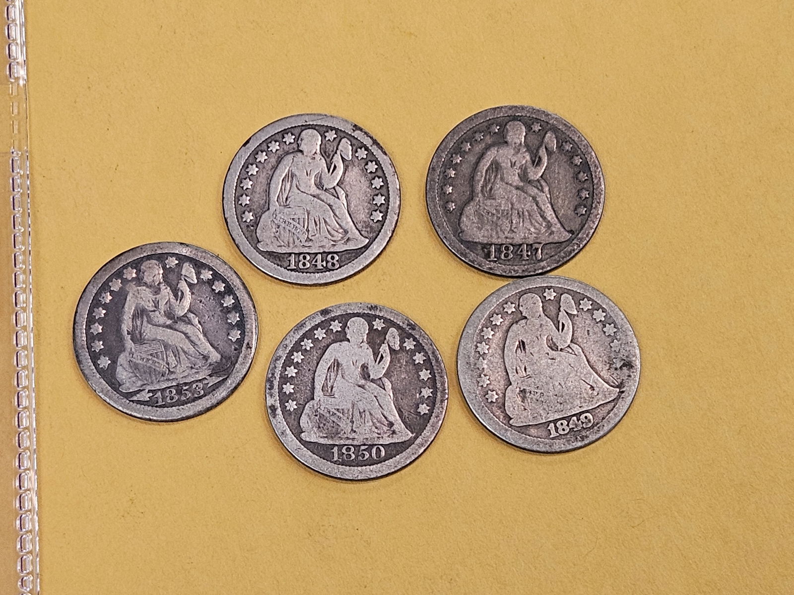 Five mixed, silver, Seated Liberty Dimes - 2
