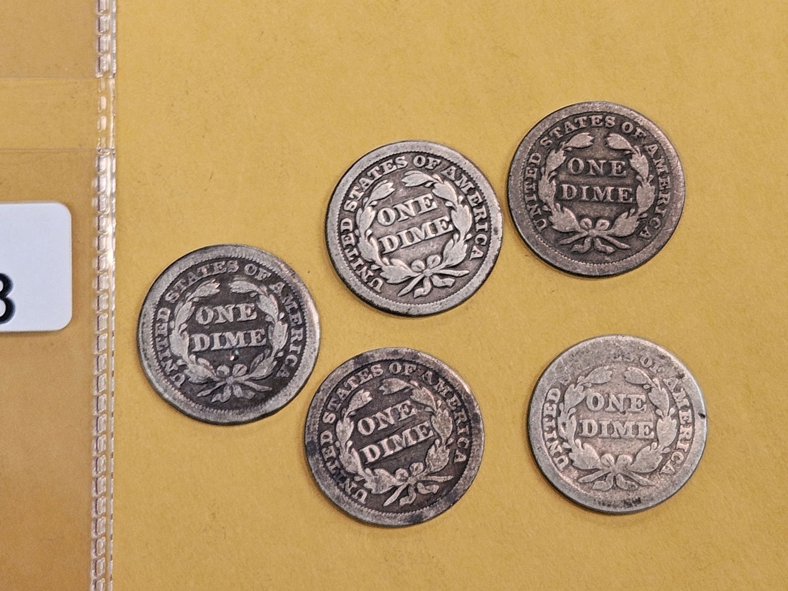 Five mixed, silver, Seated Liberty Dimes - 3