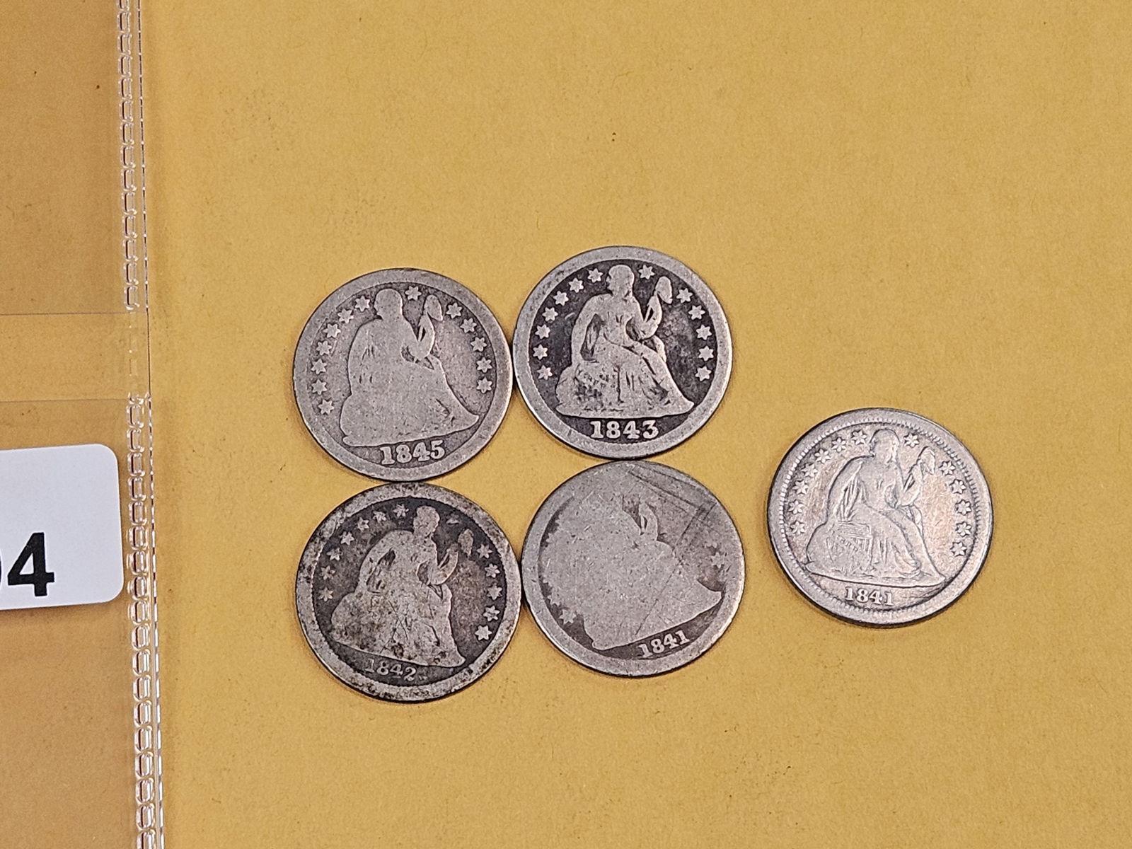 Five mixed, silver, Seated Liberty Dimes - 2