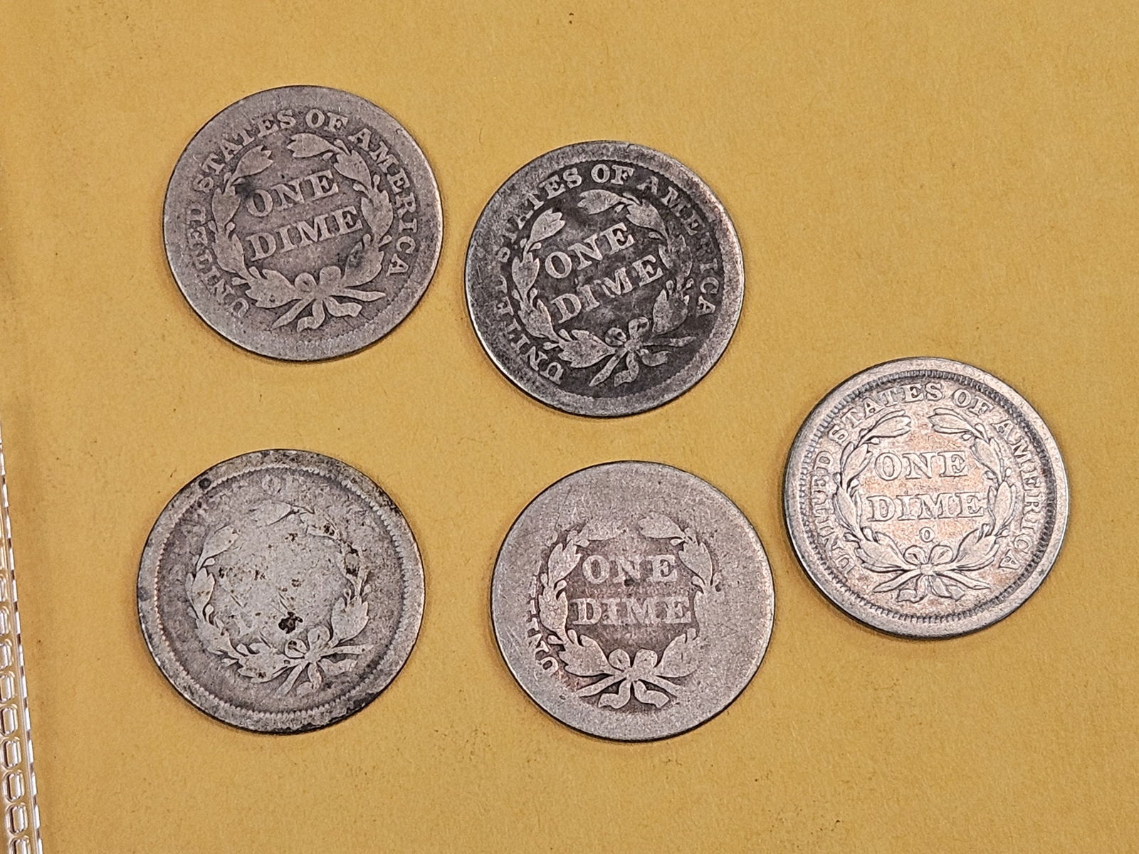 Five mixed, silver, Seated Liberty Dimes - 3