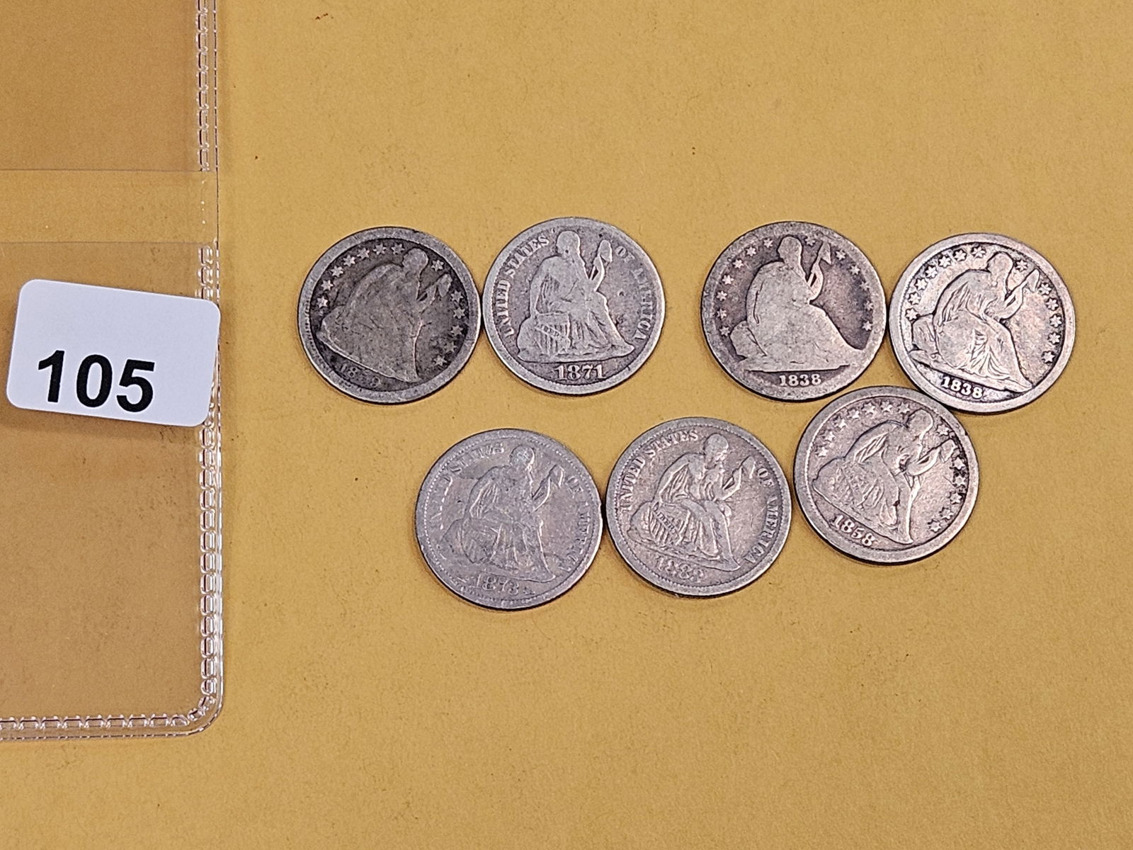 Seven mixed, silver, Seated Liberty Dimes - 2