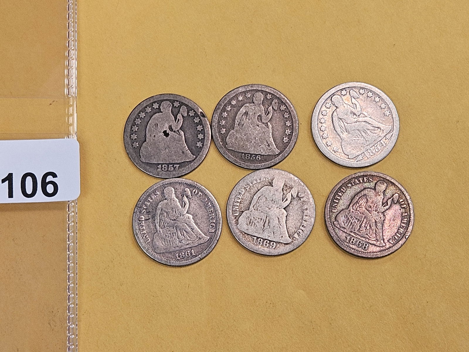 Six mixed, silver, Seated Liberty Dimes - 2