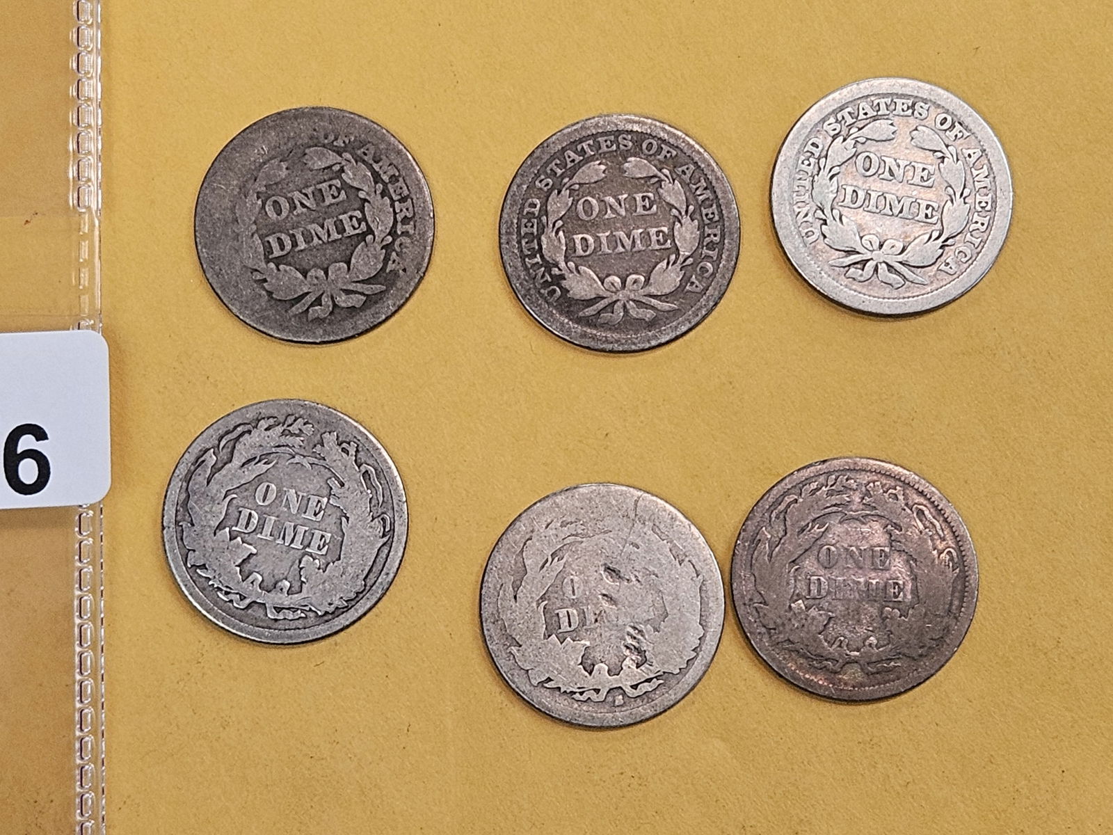 Six mixed, silver, Seated Liberty Dimes - 3