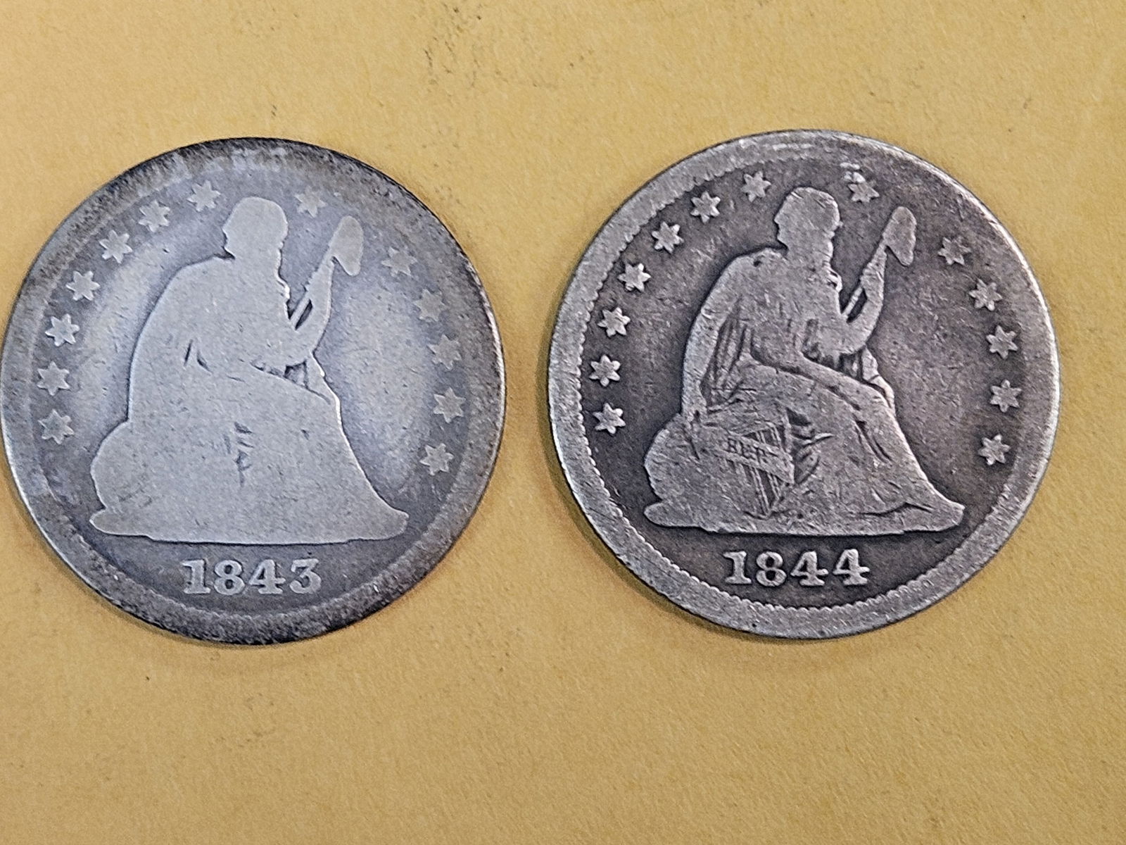 1843 and 1844 Seated Liberty silver Quarters: Circulated 