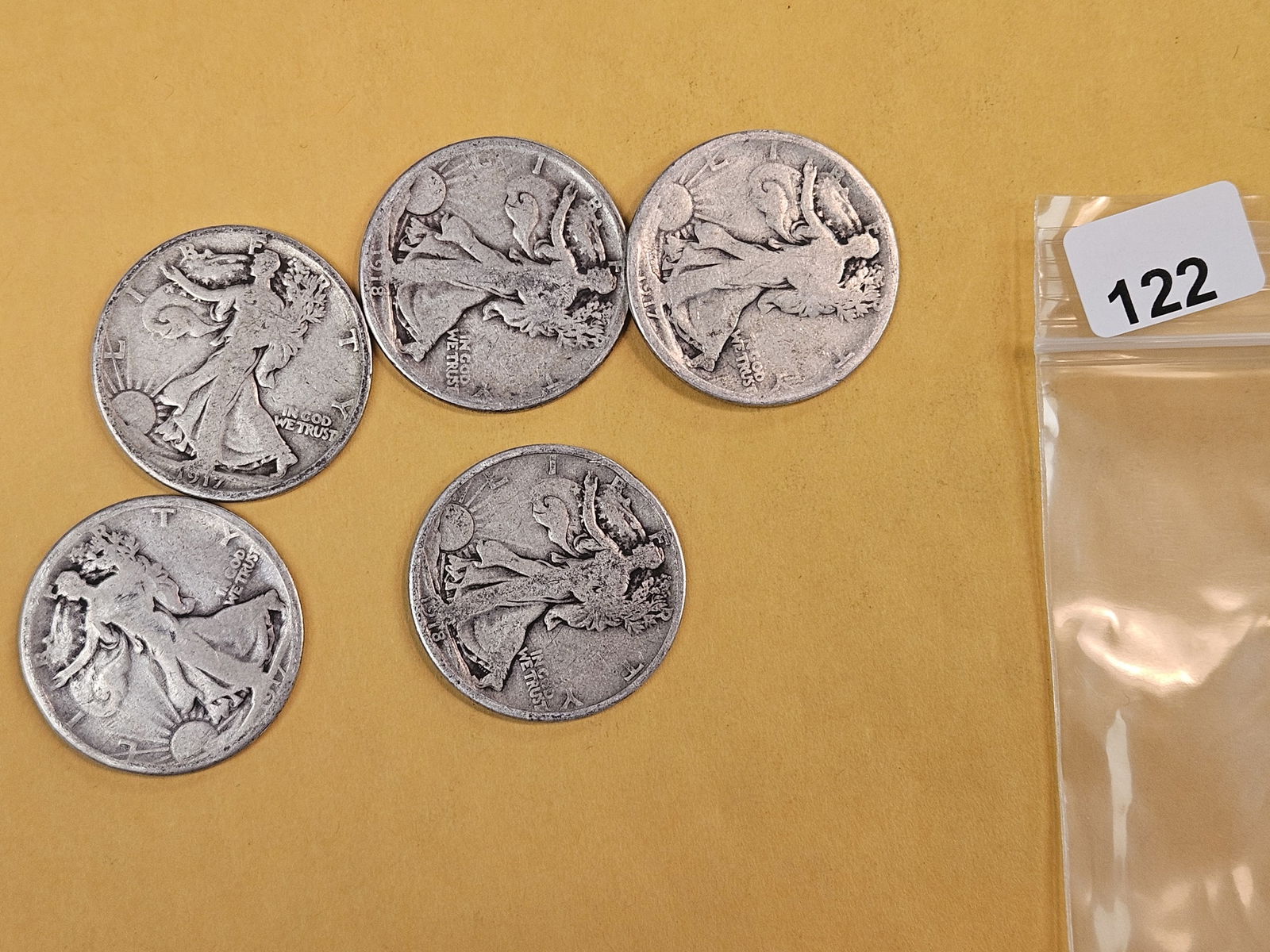 Five mixed, silver, Walking Liberty Half-Dollars: Circulated 