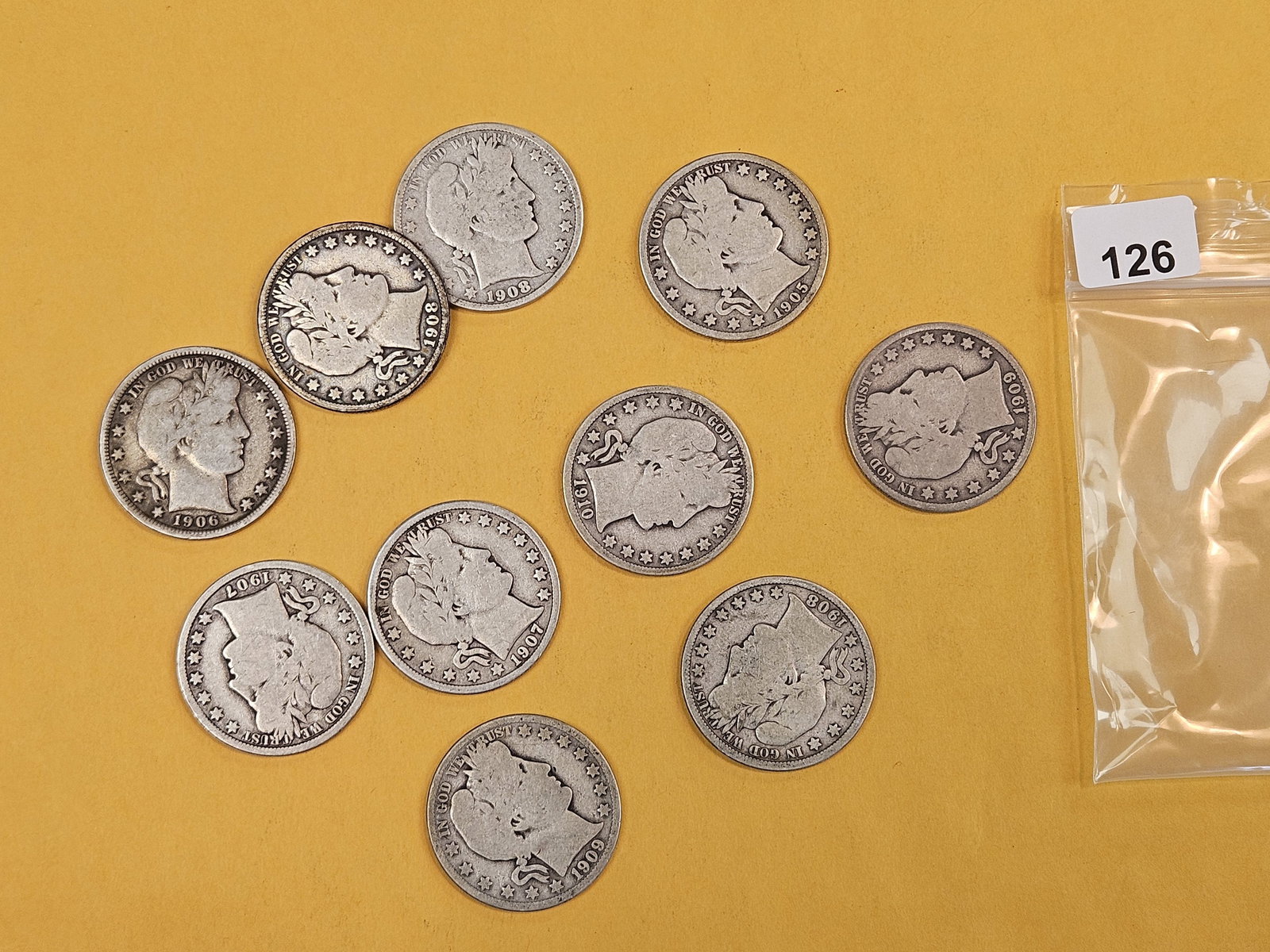 Ten mixed, silver, Barber Half Dollars: Circulated 