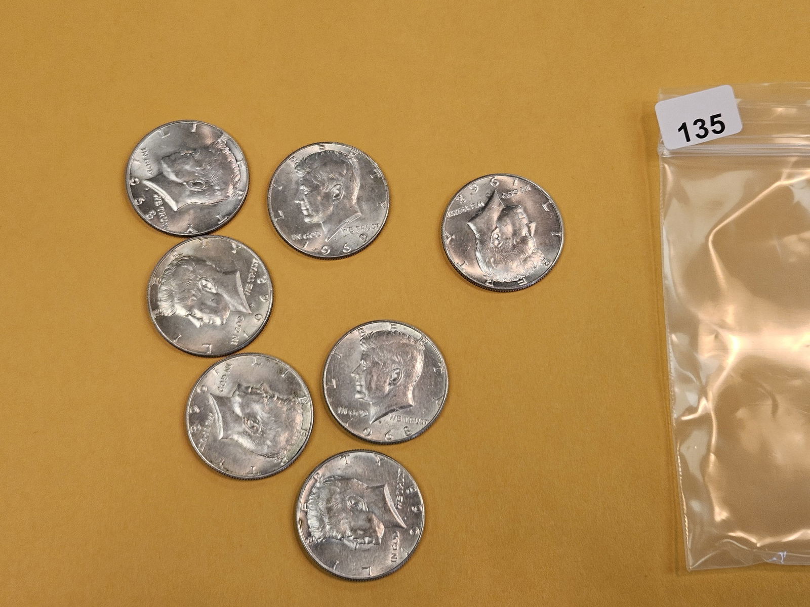 Seven Bright, silver, Kennedy Half Dollars - 2