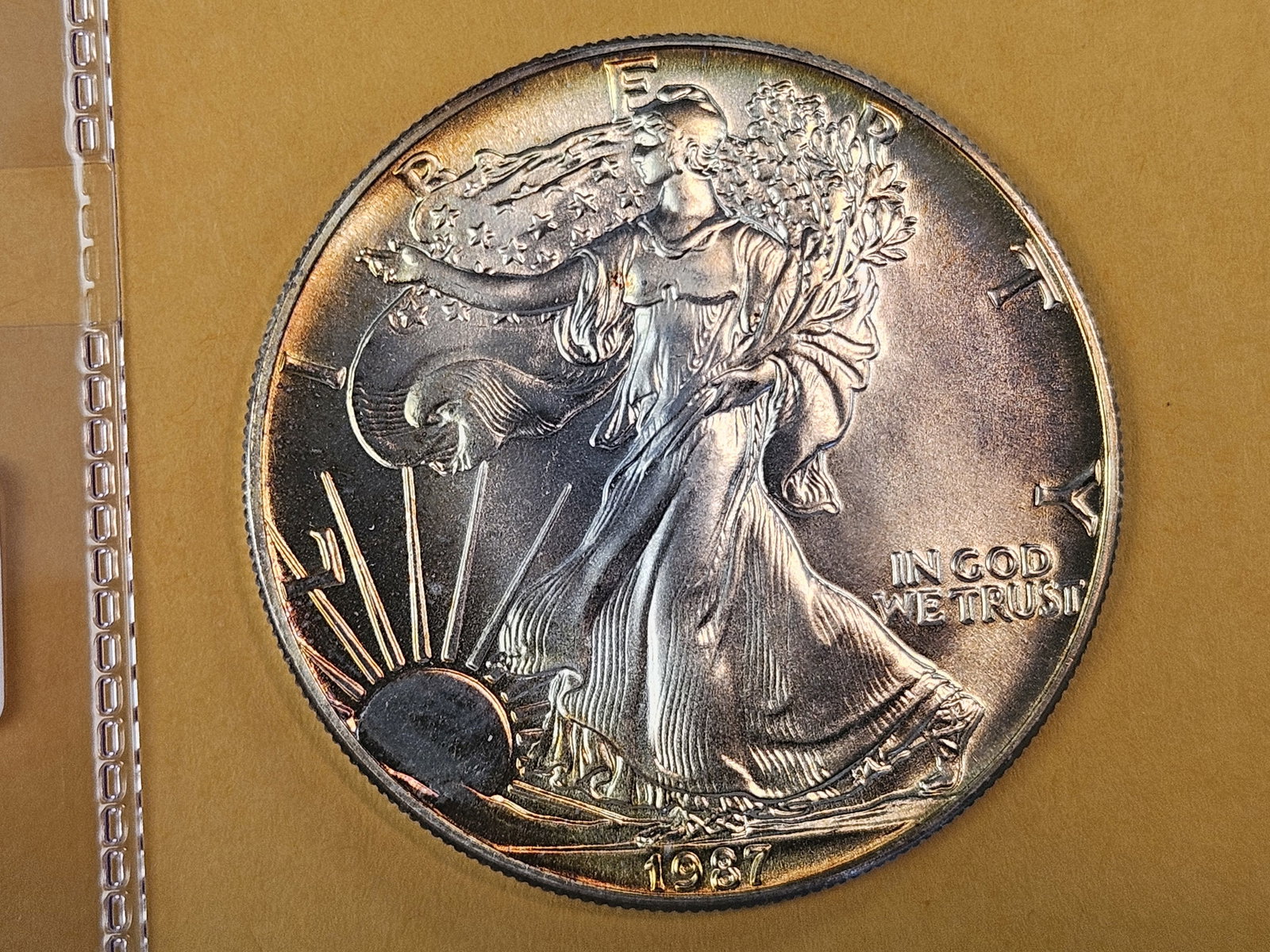 GEM Brilliant Uncirculated 1987 American Silver Eagle: Album Toning 