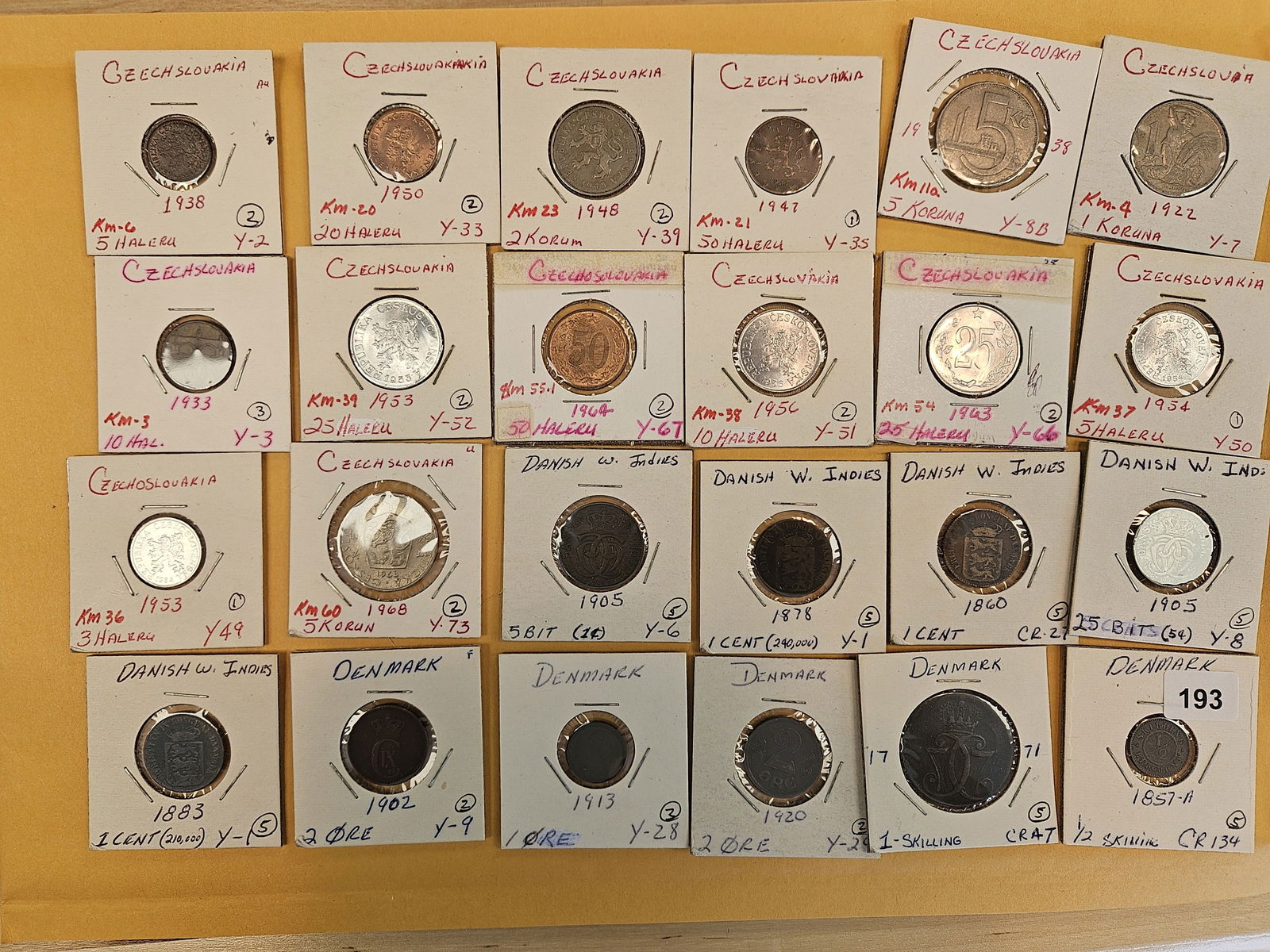 Twenty-four nice mixed World Coins: Czechoslovakia, Danish West Indies and Denmark 