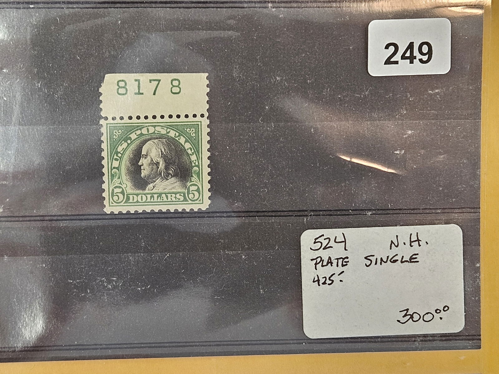** BETTER PHILATELICS ***: Got a nice group of Stamps from a well-known dealer, Joe Kremel of Kremel's Korner, in Chicago! Next up is: Scott 524 $5.00 Deep Green & Black. Plate 817-B. Mint. Never Hinged! Scarce Five Dollar