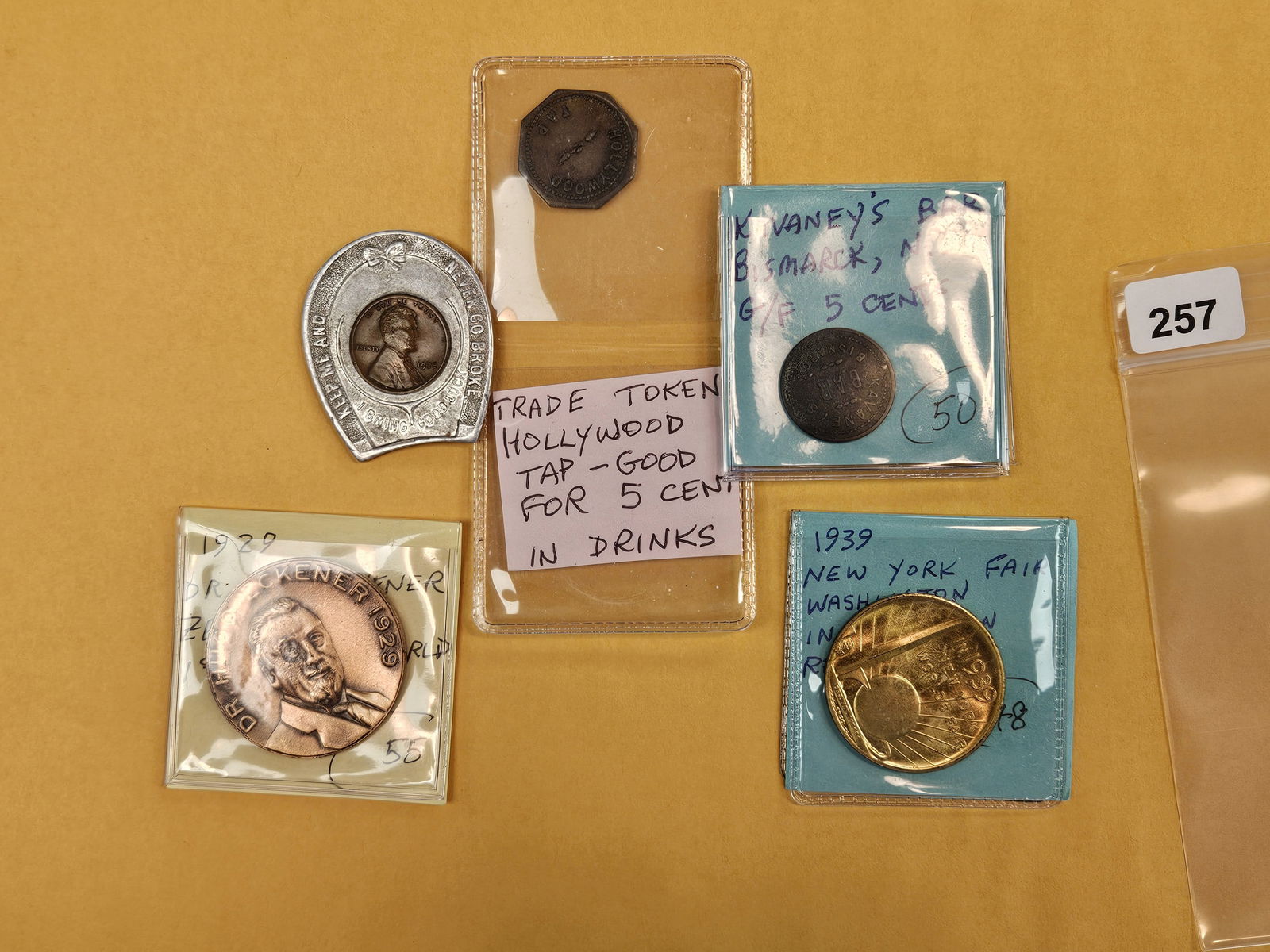 EXONUMIA!: Five cooler pieces…Encased, Trade token, so-called Half dollar, meedal 