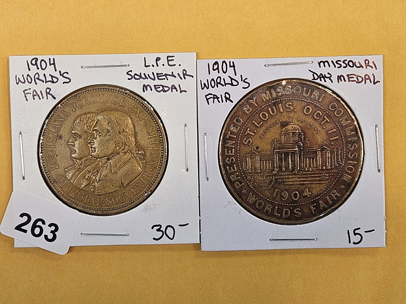 Two nice 1904 St Louis World's Fair Medals: Louisiana Purchase Expo and Missouri Day Medal 