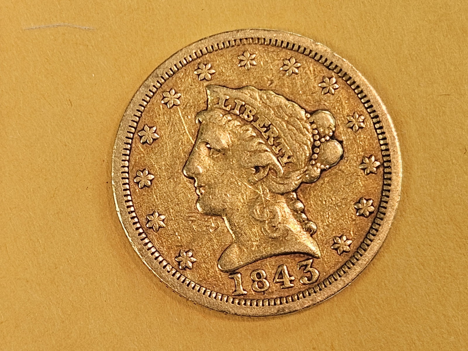 GOLD! Better date 1843 Gold Liberty Head $2.5 Dollars: Quarter Eagle 