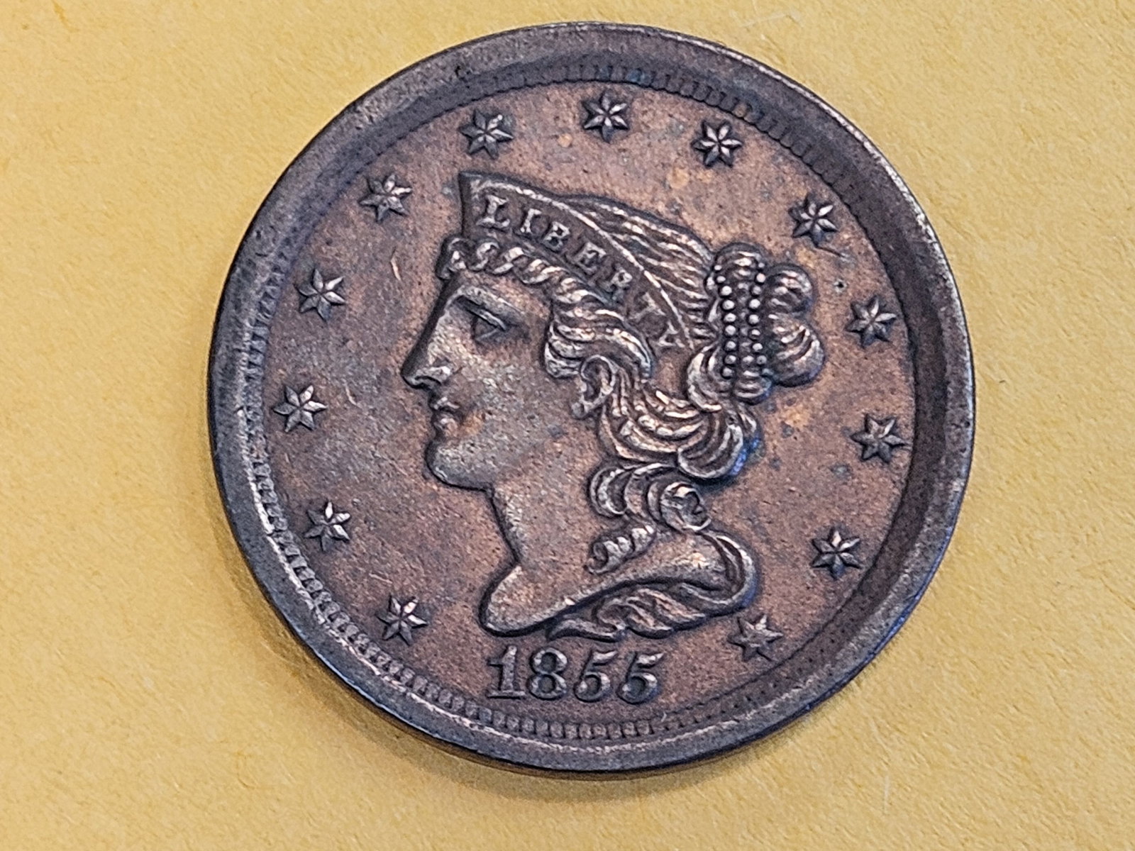1855 Braided Hair Half-Cent in About Uncirculated plus: Still a sharp coin for the age 