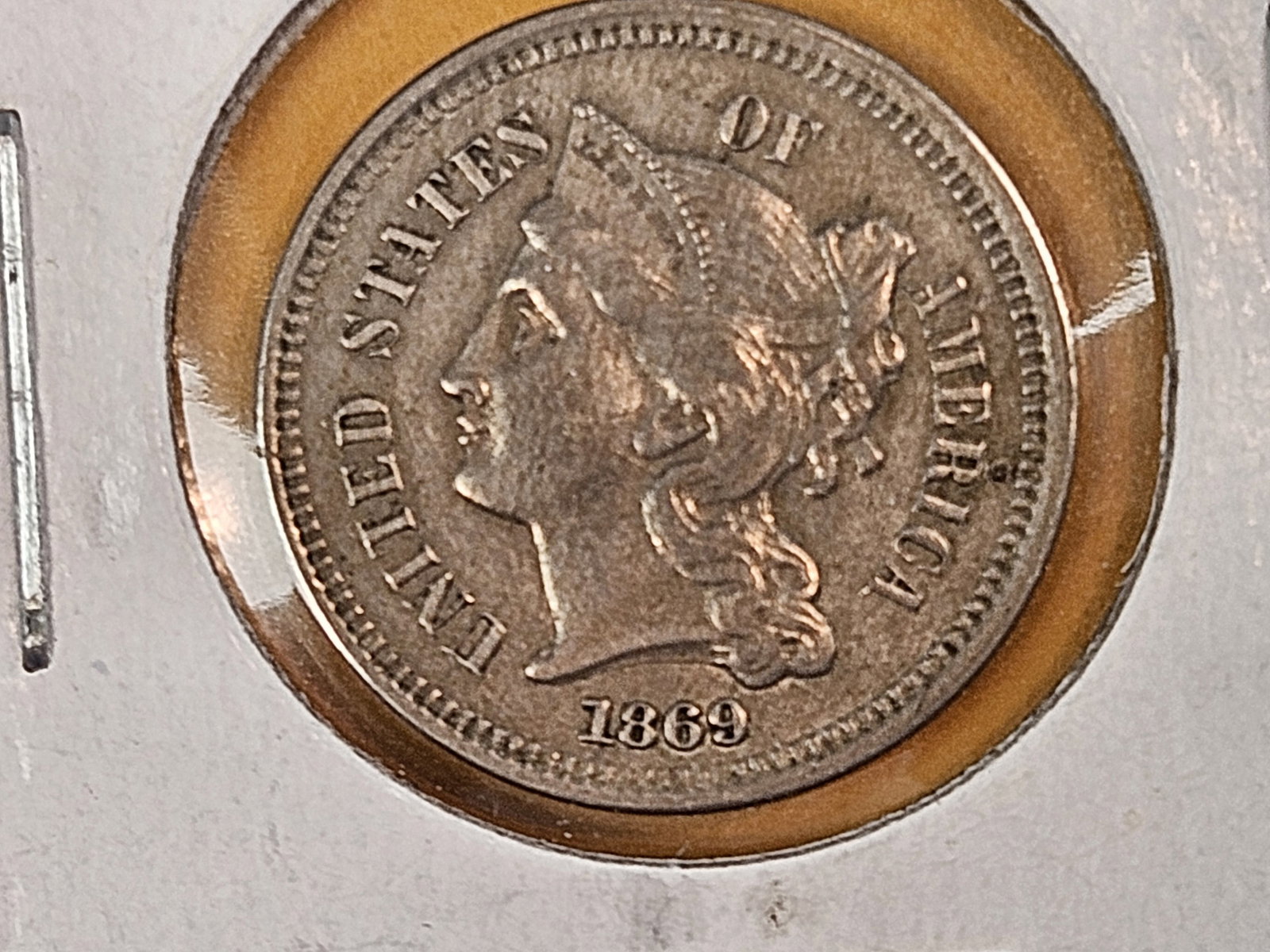 1869 Three Cent Nickel in Extra Fine plus: Super nice! 