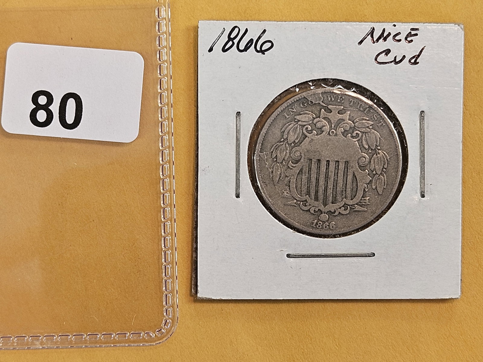 1866 with Rays and Arrows Shield Nickel: Has a lovely cud on it