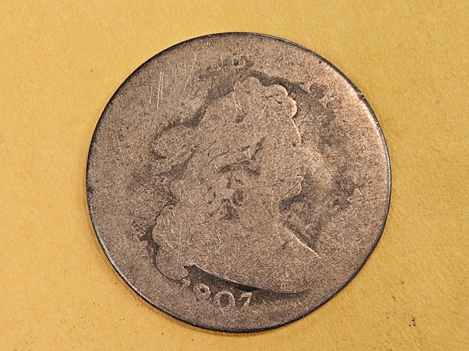 * KEY DATE * 1807 Draped Bust Dime: Early date! Very tough in any grade. This one is problem-free with solid, even wear 