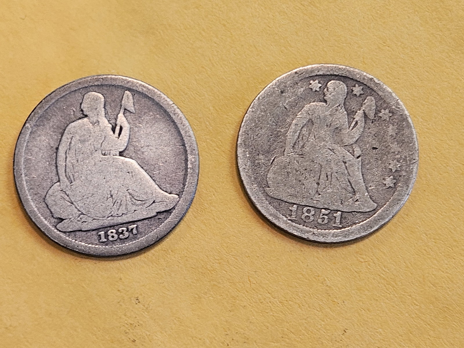 Two little better date Seated Liberty silver Dimes: 1837 and 1851-O 