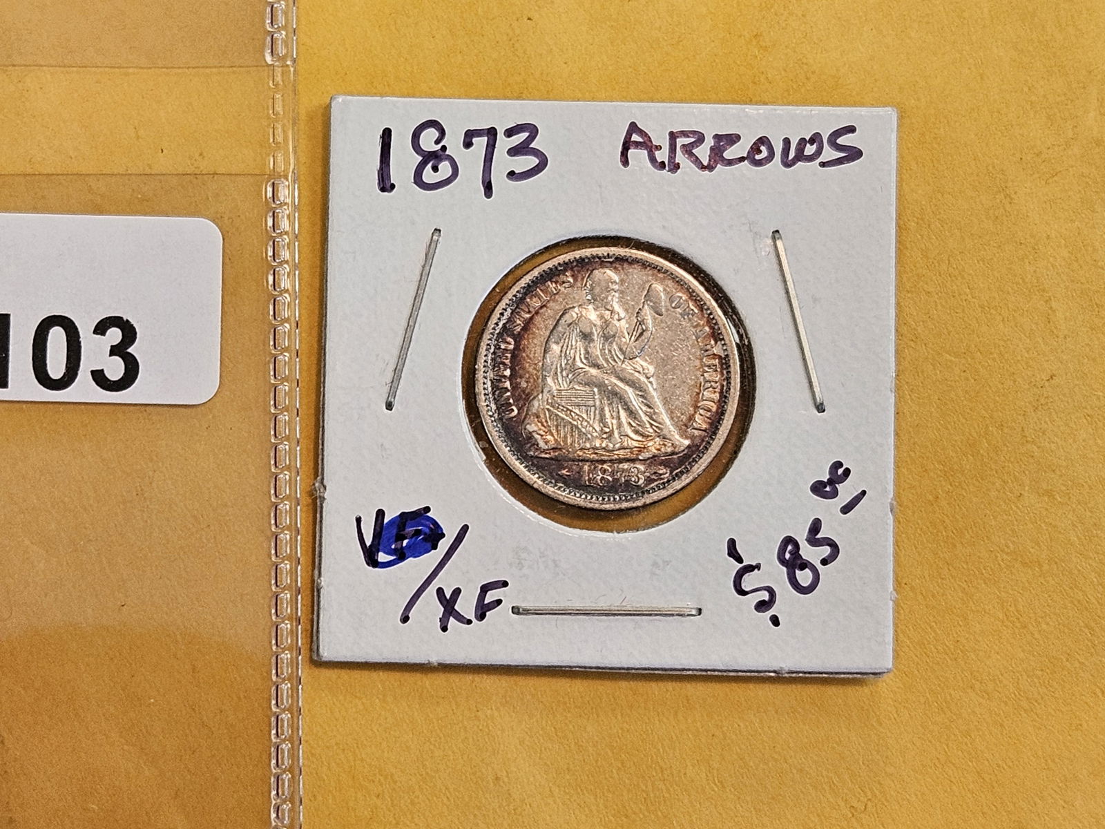 1873 With Arrows Seated Liberty silver dime in Extra Fine plus - 2