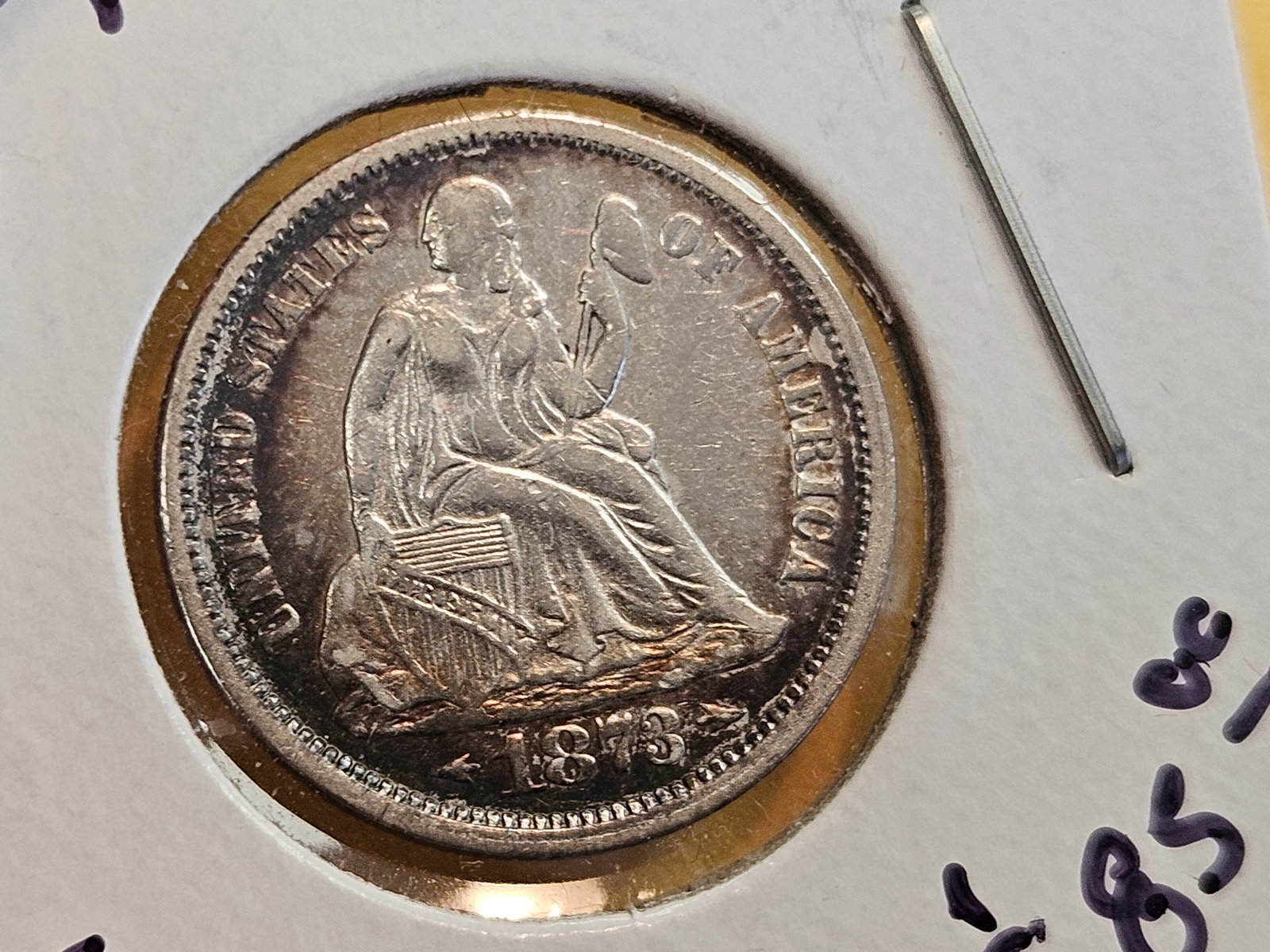 1873 With Arrows Seated Liberty silver dime in Extra Fine plus - 5