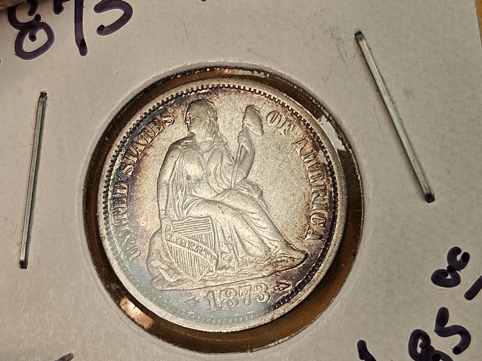 1873 With Arrows Seated Liberty silver dime in Extra Fine plus - 6