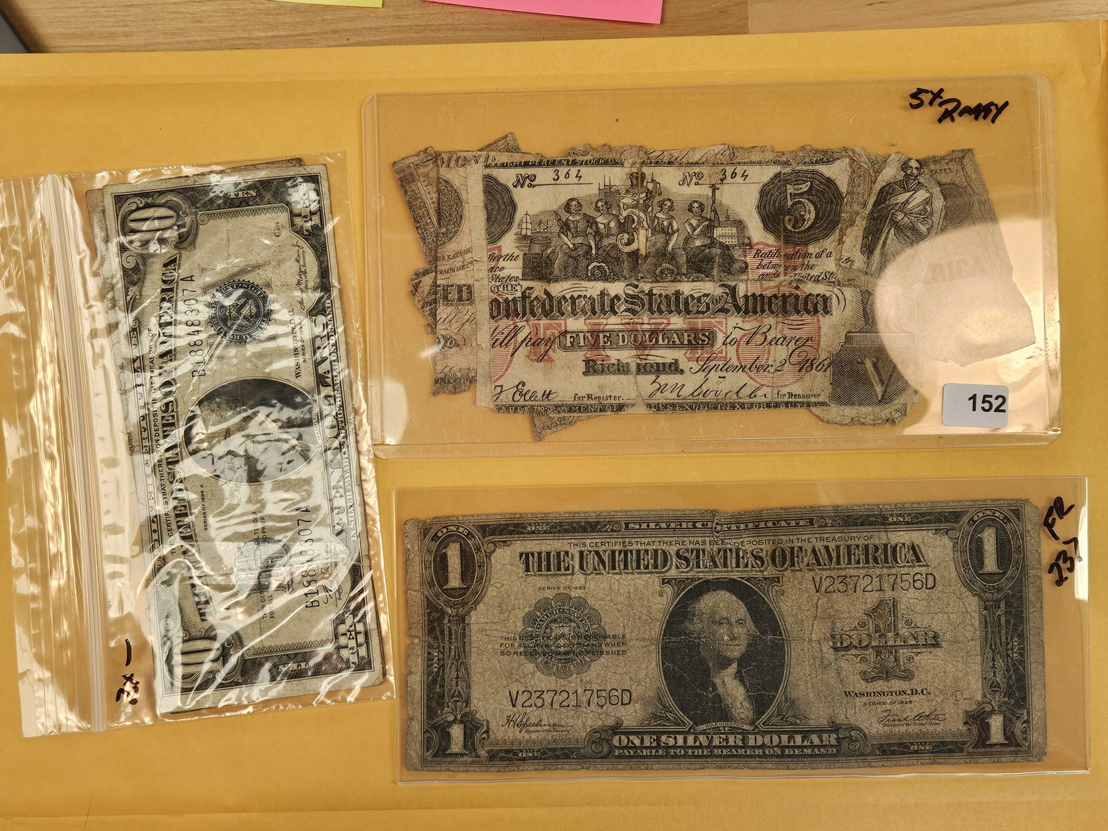 Eight mixed Older US Pieces of Currency: Five Confederate States…all raggy. Two $10 Silver Certificates and One 1923 Large Size Silver Certificate 