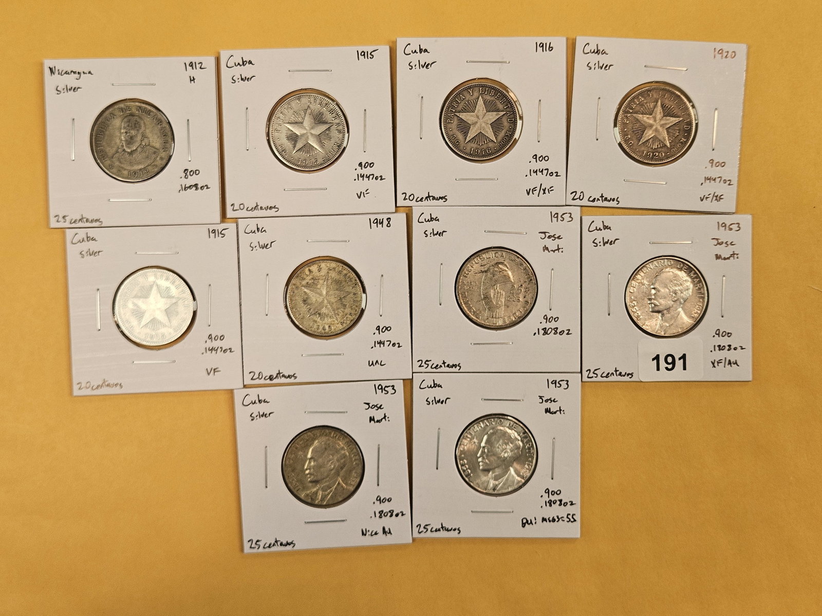 Ten nice, mixed, Silver, World Coins: All identified by date, denomination and KM number. All in 2x2's